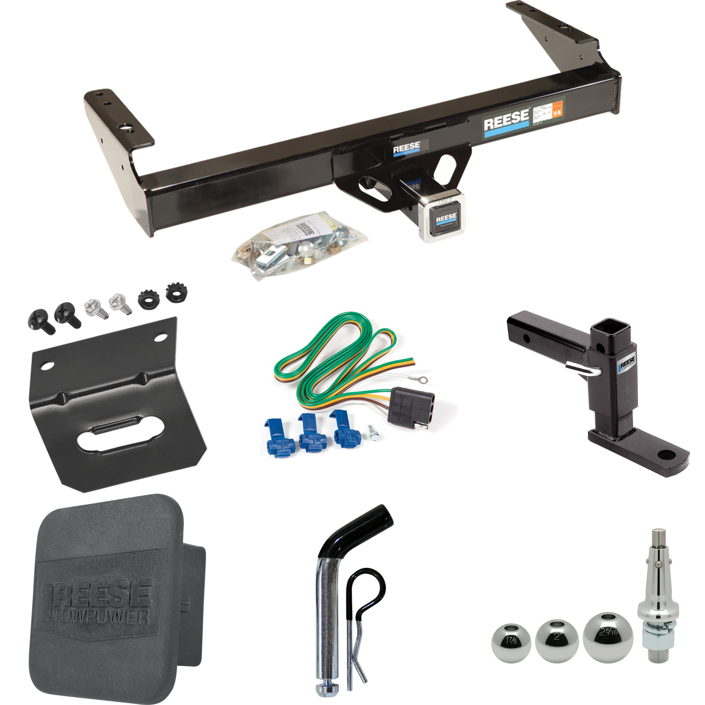 Fits 1980-1986 Ford F-350 Trailer Hitch Tow PKG w/ 4-Flat Wiring + Adjustable Drop Rise Ball Mount + Pin/Clip + Inerchangeable 1-7/8" & 2" & 2-5/16" Balls + Wiring Bracket + Hitch Cover (Excludes: w/Custom Fascia Models) By Reese Towpower