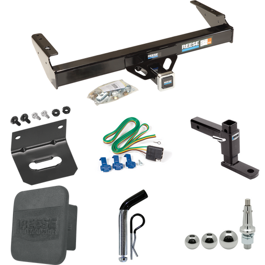 Fits 1980-1986 Ford F-350 Trailer Hitch Tow PKG w/ 4-Flat Wiring + Adjustable Drop Rise Ball Mount + Pin/Clip + Inerchangeable 1-7/8" & 2" & 2-5/16" Balls + Wiring Bracket + Hitch Cover (Excludes: w/Custom Fascia Models) By Reese Towpower