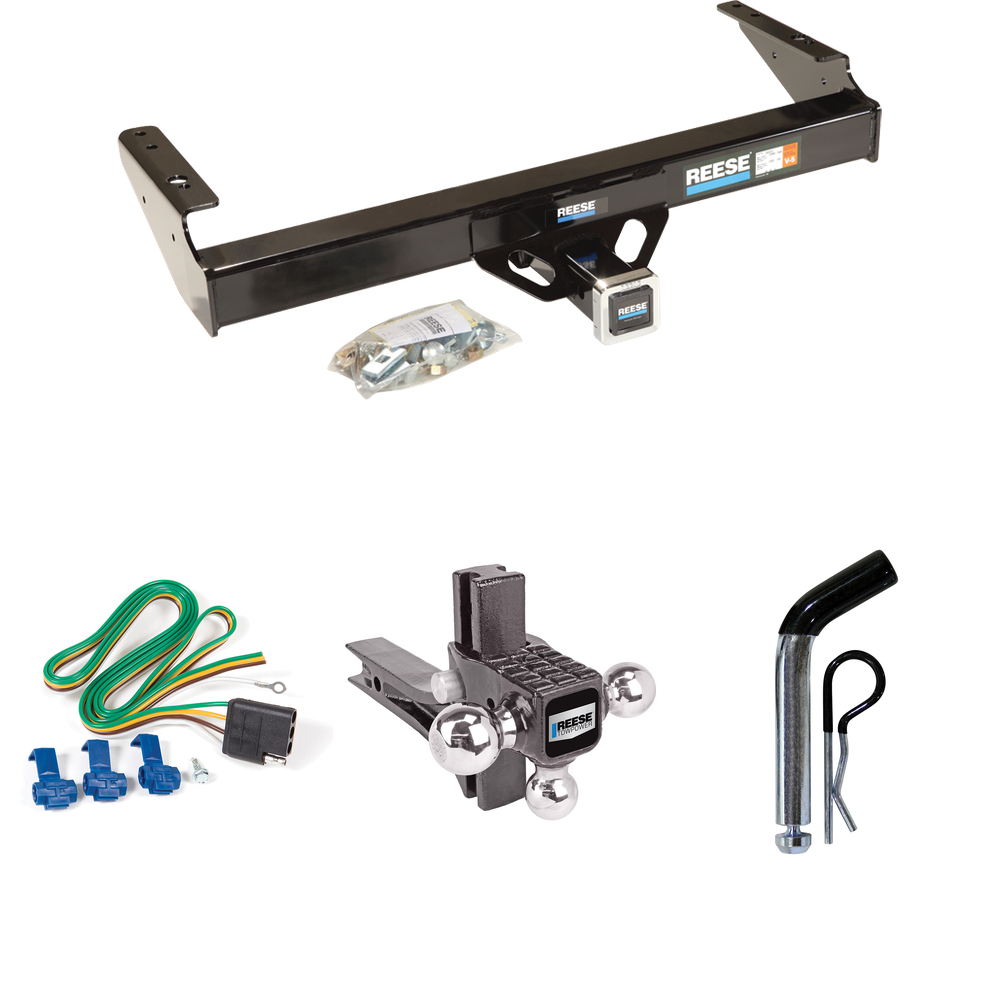 Fits 1986-1989 Dodge D100 Trailer Hitch Tow PKG w/ 4-Flat Wiring + Adjustable Drop Rise Triple Ball Ball Mount 1-7/8" & 2" & 2-5/16" Trailer Balls + Pin/Clip By Reese Towpower