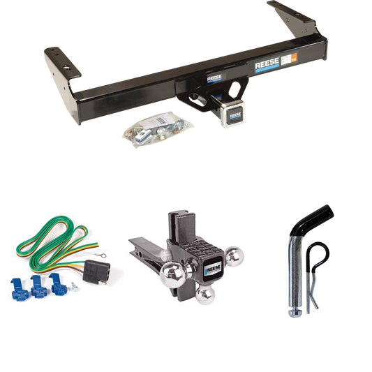 Fits 1986-1989 Dodge D100 Trailer Hitch Tow PKG w/ 4-Flat Wiring + Adjustable Drop Rise Triple Ball Ball Mount 1-7/8" & 2" & 2-5/16" Trailer Balls + Pin/Clip By Reese Towpower