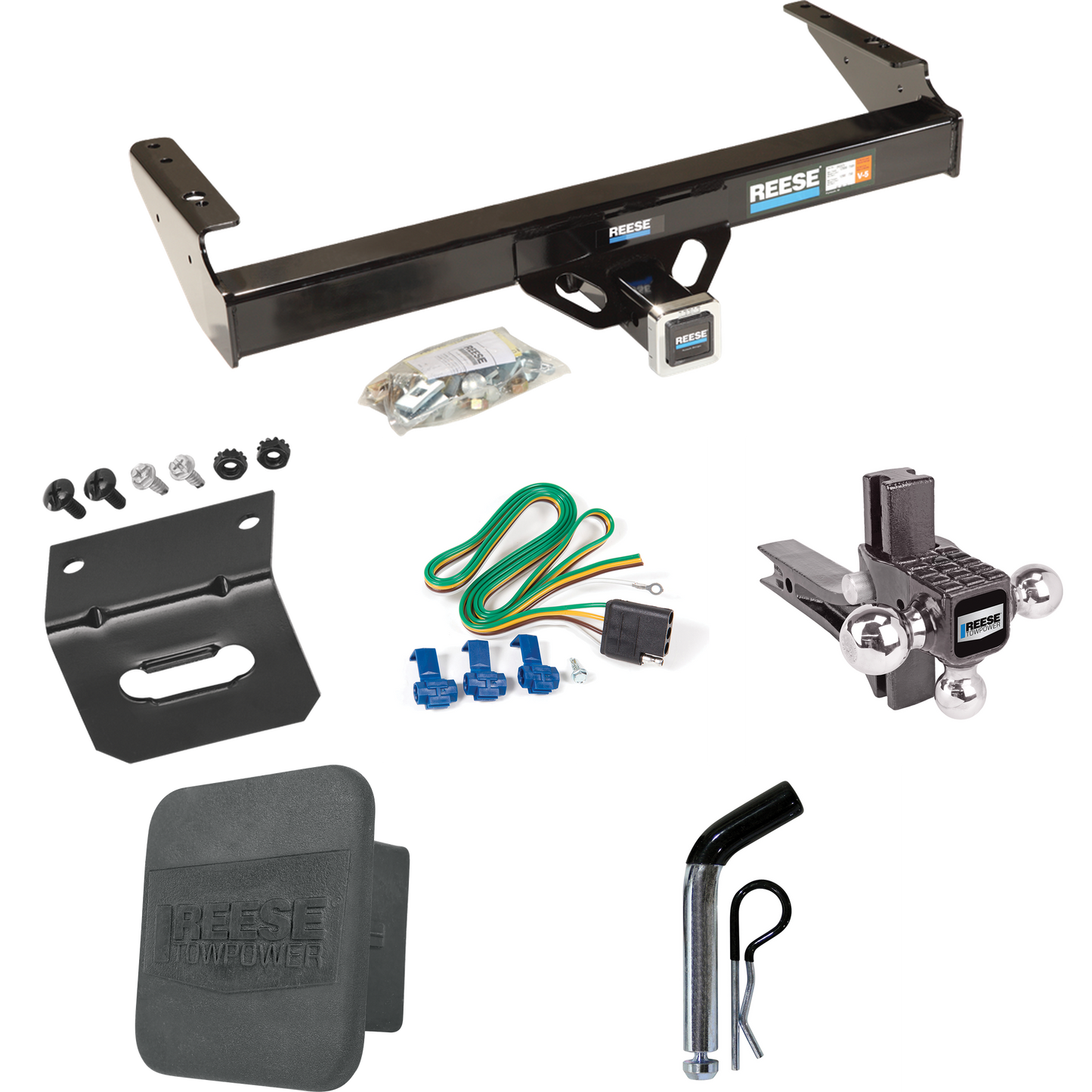 Fits 1978-1996 Ford Bronco Trailer Hitch Tow PKG w/ 4-Flat Wiring + Adjustable Drop Rise Triple Ball Ball Mount 1-7/8" & 2" & 2-5/16" Trailer Balls + Pin/Clip + Wiring Bracket + Hitch Cover By Reese Towpower