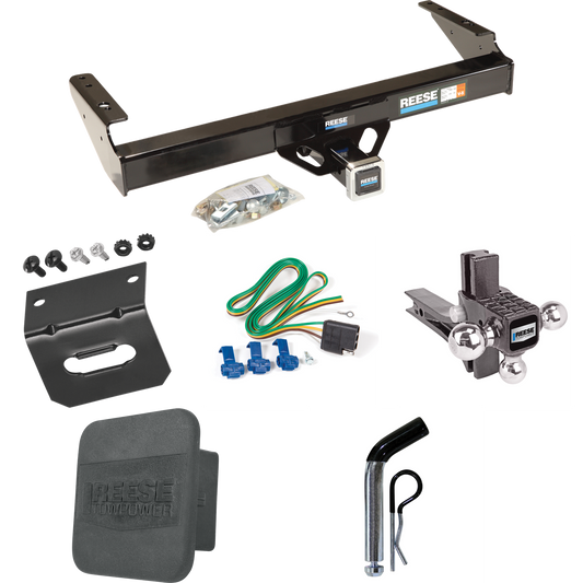 Fits 1978-1996 Ford Bronco Trailer Hitch Tow PKG w/ 4-Flat Wiring + Adjustable Drop Rise Triple Ball Ball Mount 1-7/8" & 2" & 2-5/16" Trailer Balls + Pin/Clip + Wiring Bracket + Hitch Cover By Reese Towpower