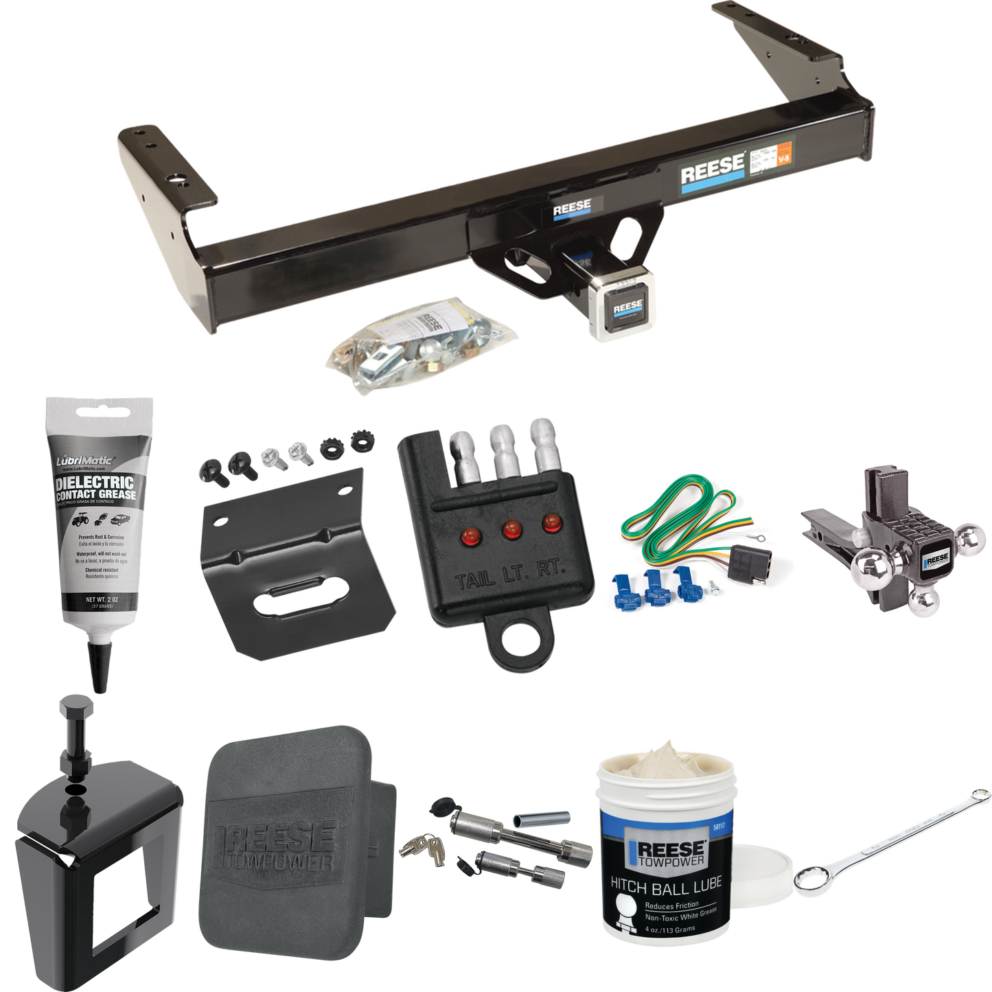 Fits 1980-1986 Ford F-350 Trailer Hitch Tow PKG w/ 4-Flat Wiring + Adjustable Drop Rise Triple Ball Ball Mount 1-7/8" & 2" & 2-5/16" Trailer Balls + Wiring Bracket + Hitch Cover + Dual Hitch & Coupler Locks + Wiring Tester + Ball Lube + Electric Grea