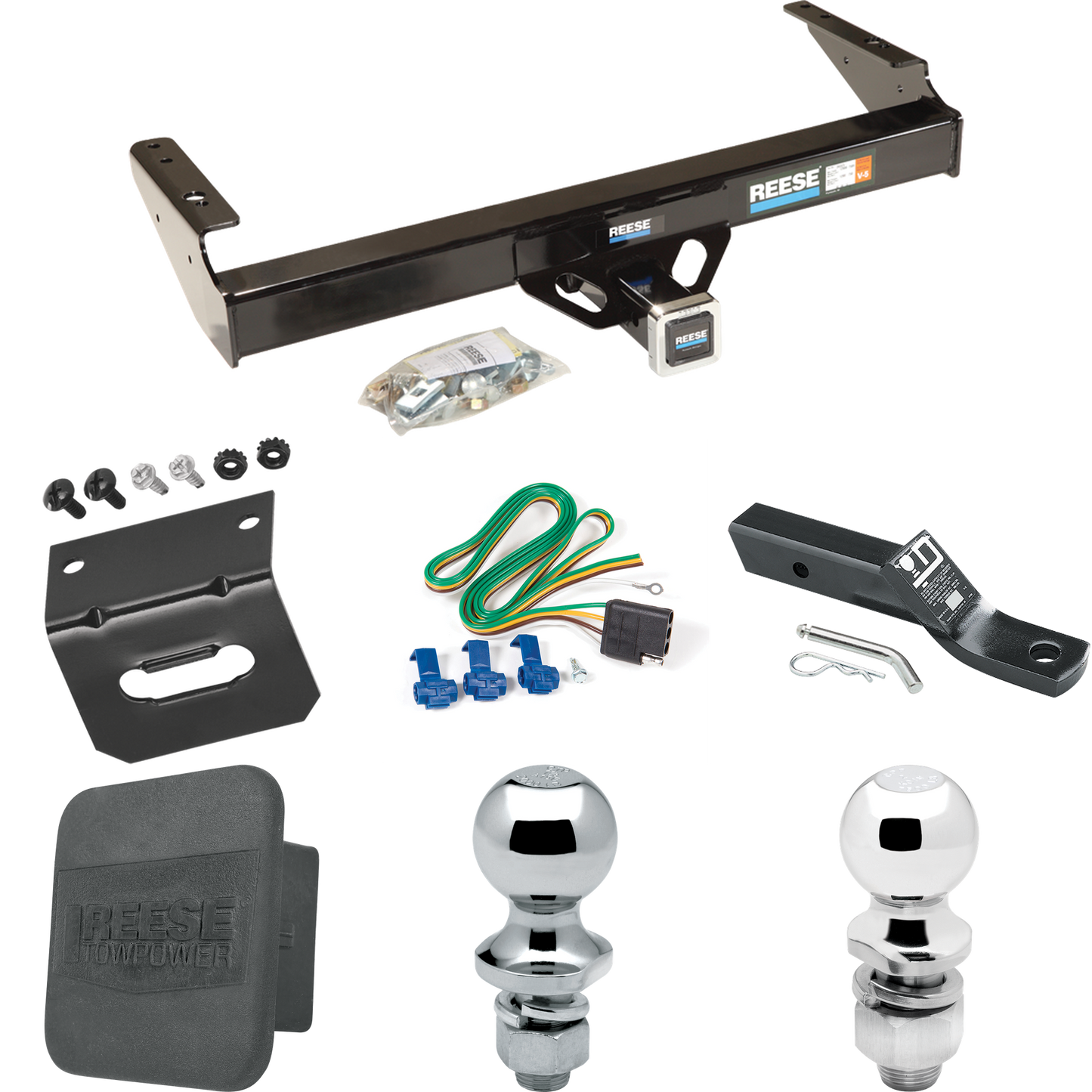 Fits 1981-1993 Dodge W250 Trailer Hitch Tow PKG w/ 4-Flat Wiring + Ball Mount w/ 2" Drop & 2" Ball + 1-7/8" Ball + Wiring Bracket + Hitch Cover By Reese Towpower