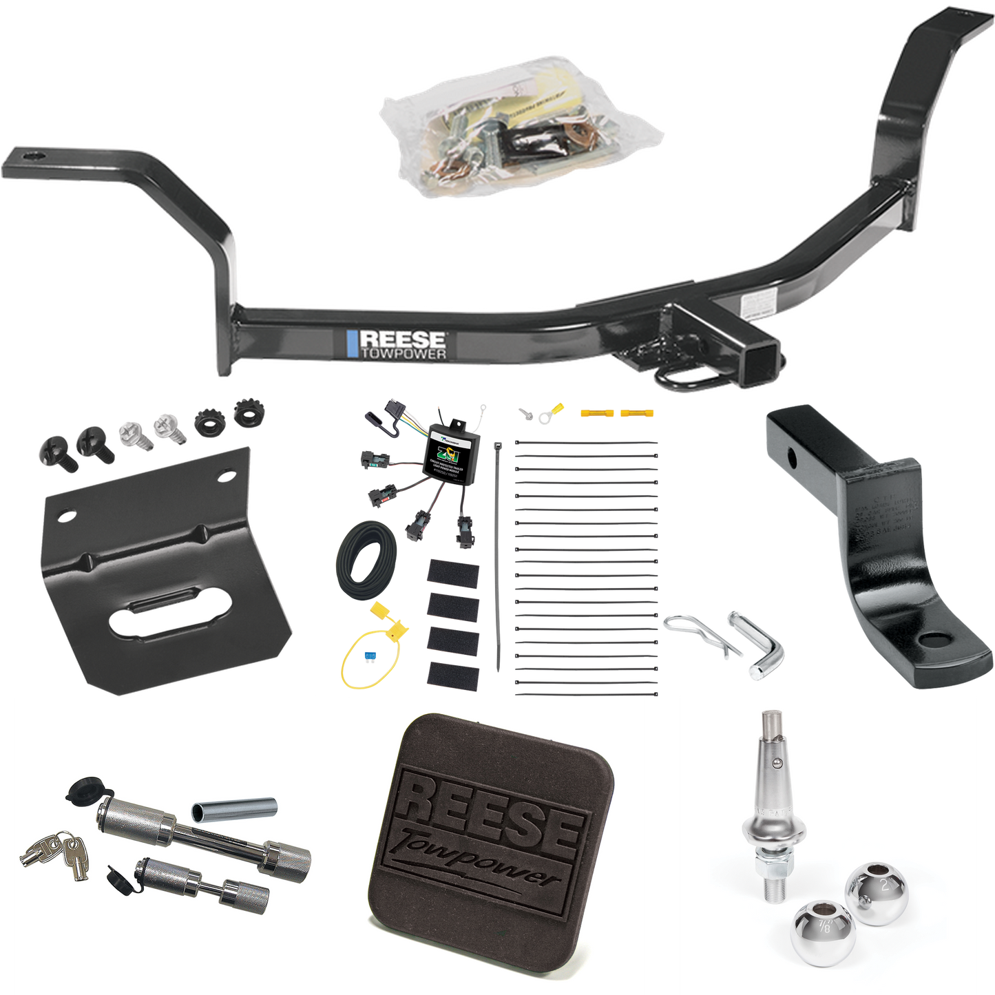 Fits 2001-2005 Honda Civic Trailer Hitch Tow PKG w/ 4-Flat Zero Contact "No Splice" Wiring Harness + Draw-Bar + Interchangeable 1-7/8" & 2" Balls + Wiring Bracket + Hitch Cover + Dual Hitch & Coupler Locks By Reese Towpower