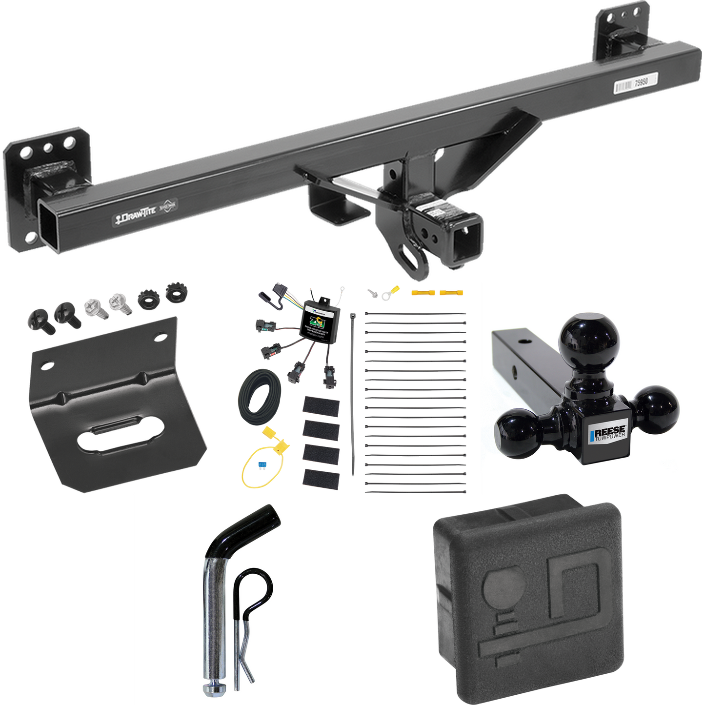 Fits 2007-2016 Audi Q7 Trailer Hitch Tow PKG w/ 4-Flat Zero Contact "No Splice" Wiring + Triple Ball Ball Mount 1-7/8" & 2" & 2-5/16" Trailer Balls + Pin/Clip + Wiring Bracket + Hitch Cover By Draw-Tite