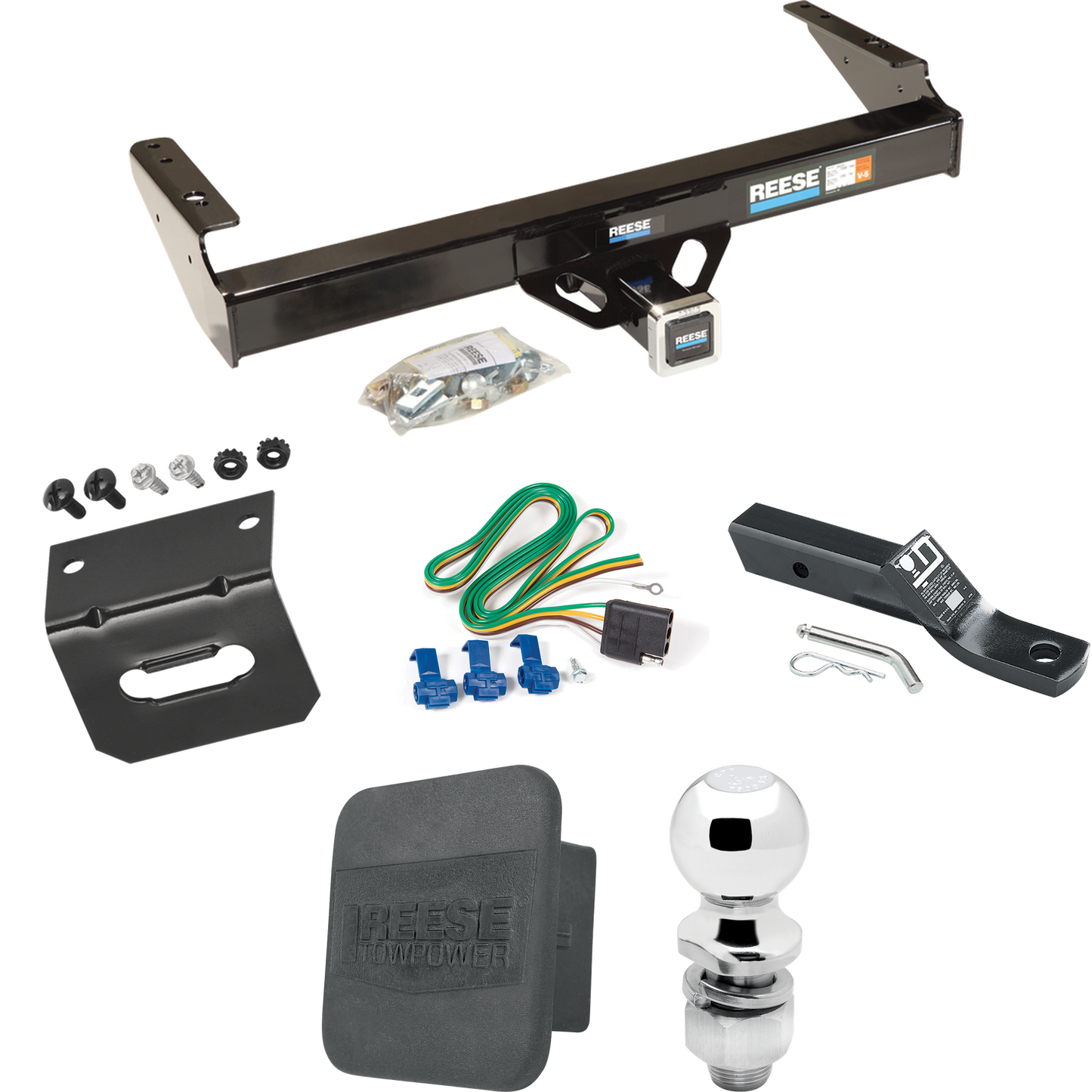 Fits 1971-1980 Dodge D200 Trailer Hitch Tow PKG w/ 4-Flat Wiring + Ball Mount w/ 2" Drop & 2" Ball + Wiring Bracket + Hitch Cover By Reese Towpower