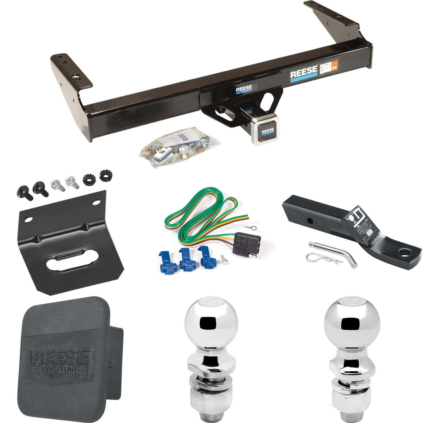 Fits 1971-1972 Dodge W300 Trailer Hitch Tow PKG w/ 4-Flat Wiring + Ball Mount w/ 2" Drop + 2" Ball + 2-5/16" Ball + Wiring Bracket + Hitch Cover By Reese Towpower