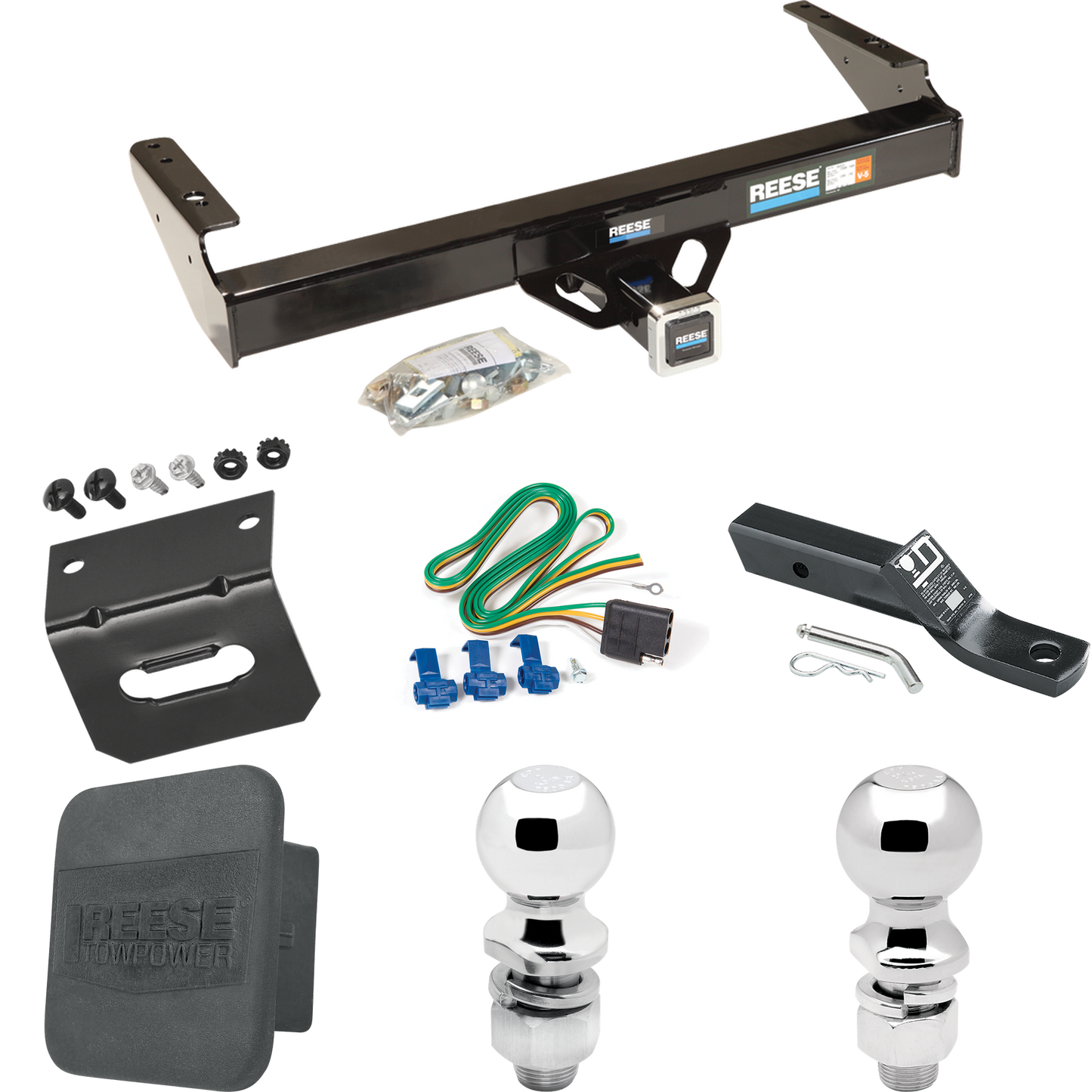 Fits 1981-1993 Dodge W250 Trailer Hitch Tow PKG w/ 4-Flat Wiring + Ball Mount w/ 2" Drop + 2" Ball + 2-5/16" Ball + Wiring Bracket + Hitch Cover By Reese Towpower