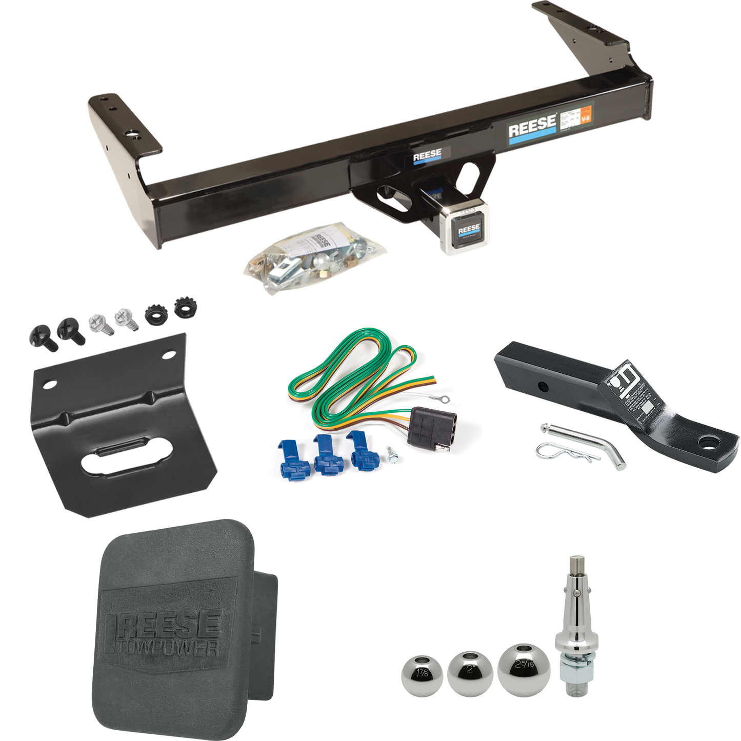 Fits 1975-1979 Ford F-250 Trailer Hitch Tow PKG w/ 4-Flat Wiring + Ball Mount w/ 2" Drop + Interchangeable Ball 1-7/8" & 2" & 2-5/16" + Wiring Bracket + Hitch Cover By Reese Towpower