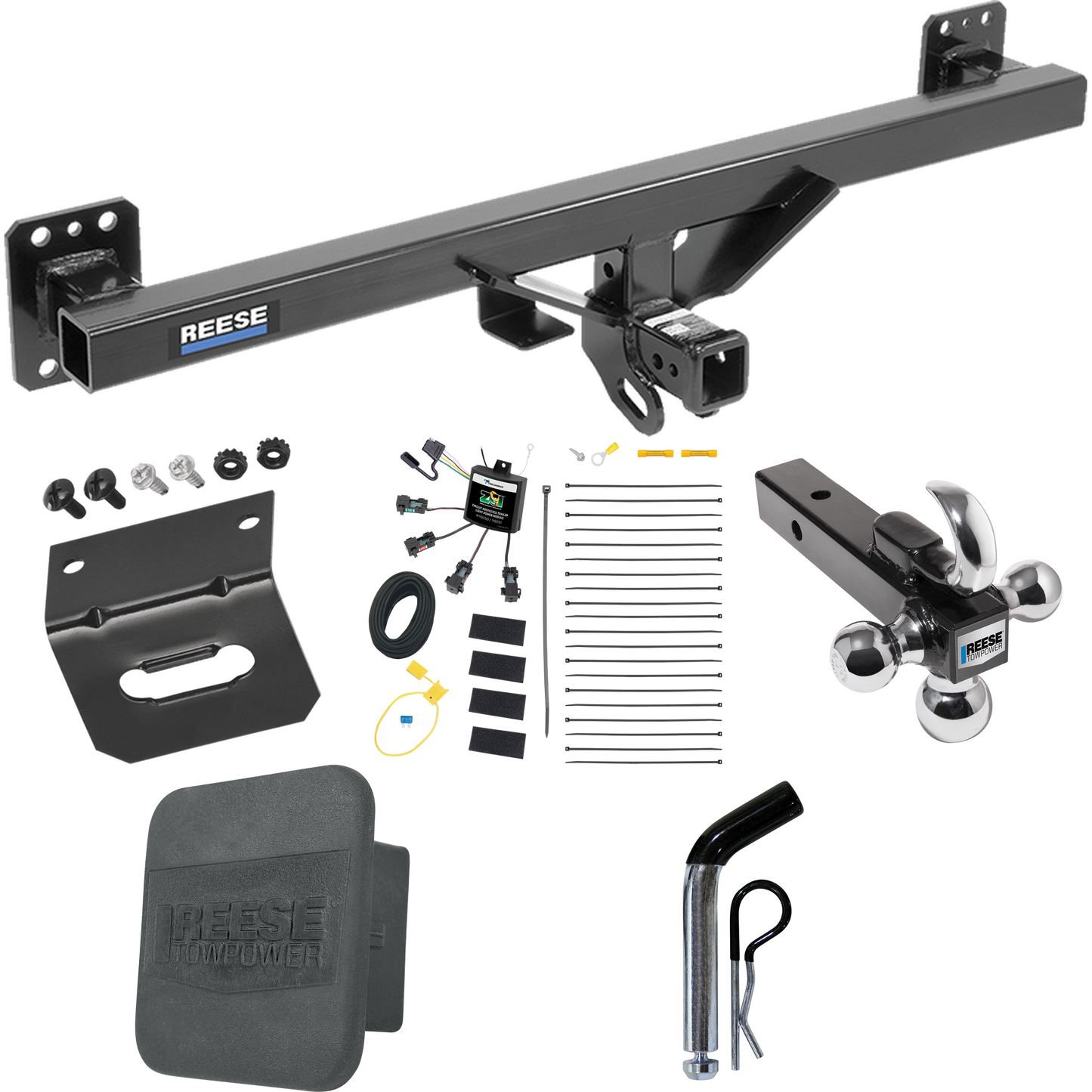 Fits 2007-2016 Audi Q7 Trailer Hitch Tow PKG w/ 4-Flat Zero Contact "No Splice" Wiring + Triple Ball Ball Mount 1-7/8" & 2" & 2-5/16" Trailer Balls w/ Tow Hook + Pin/Clip + Wiring Bracket + Hitch Cover By Reese Towpower