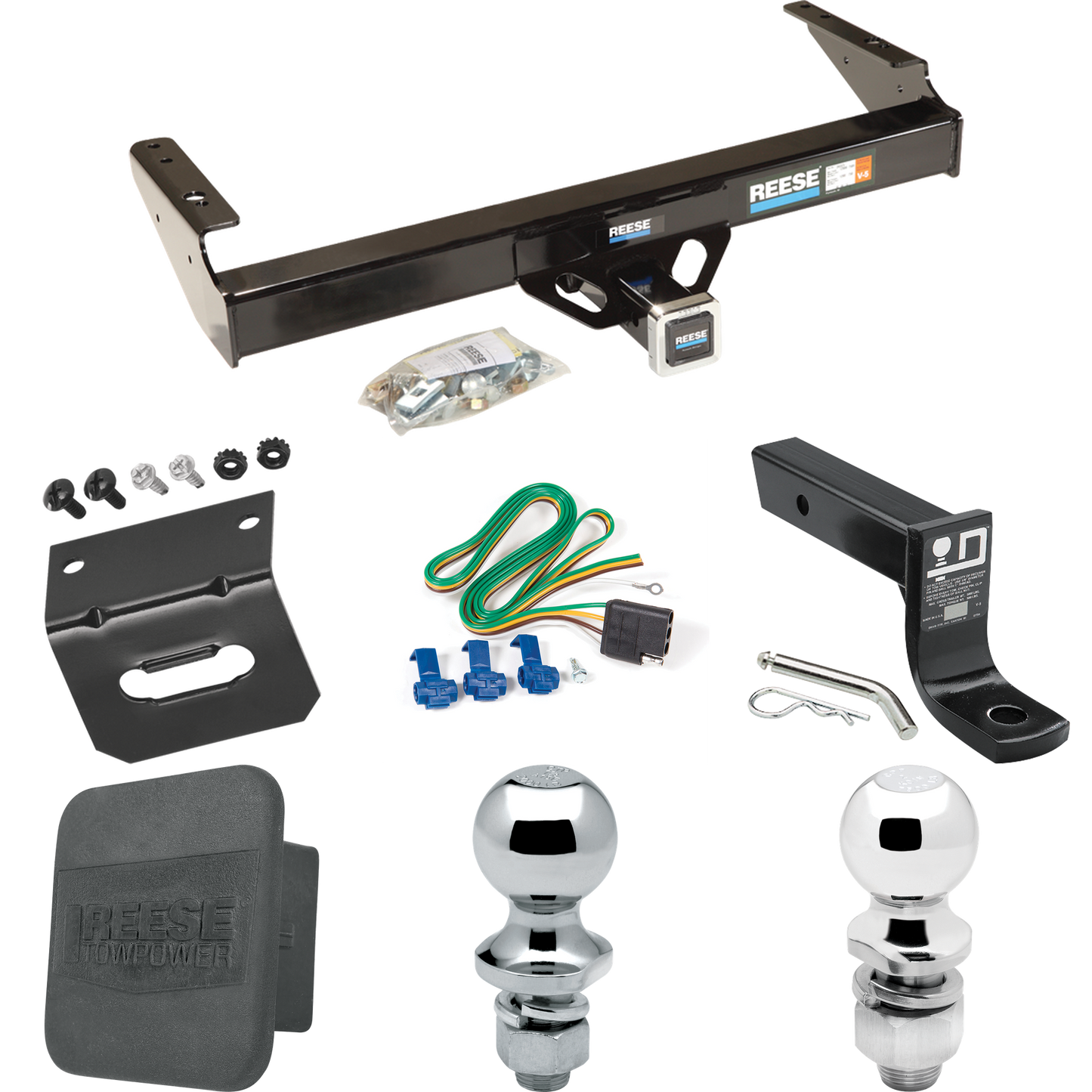 Fits 1980-1986 Ford F-150 Trailer Hitch Tow PKG w/ 4-Flat Wiring + Ball Mount w/ 4" Drop + 2" Ball + 1-7/8" Ball + Wiring Bracket + Hitch Cover (Excludes: w/Custom Fascia Models) By Reese Towpower