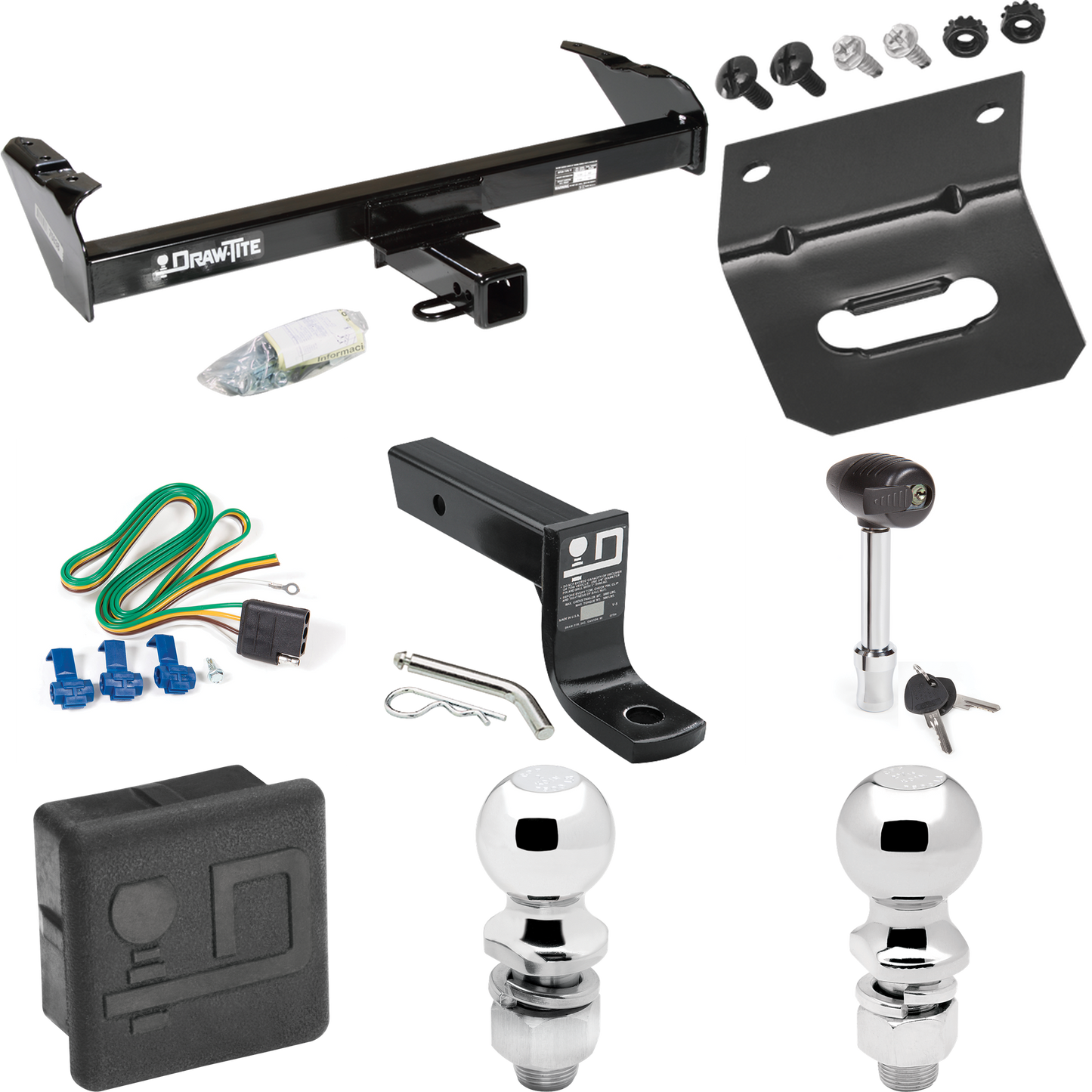 Fits 1975-1979 Ford F-100 Trailer Hitch Tow PKG w/ 4-Flat Wiring + Ball Mount w/ 4" Drop + 2" Ball + 2-5/16" Ball + Wiring Bracket + Hitch Lock + Hitch Cover By Draw-Tite