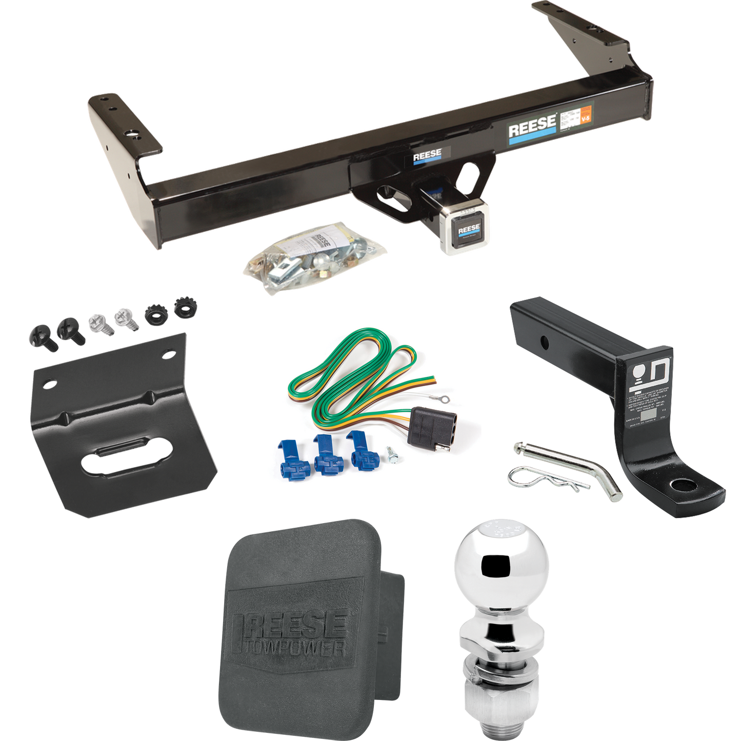 Fits 1986-1993 Dodge D350 Trailer Hitch Tow PKG w/ 4-Flat Wiring + Ball Mount w/ 4" Drop + 2" Ball + Wiring Bracket + Hitch Cover By Reese Towpower