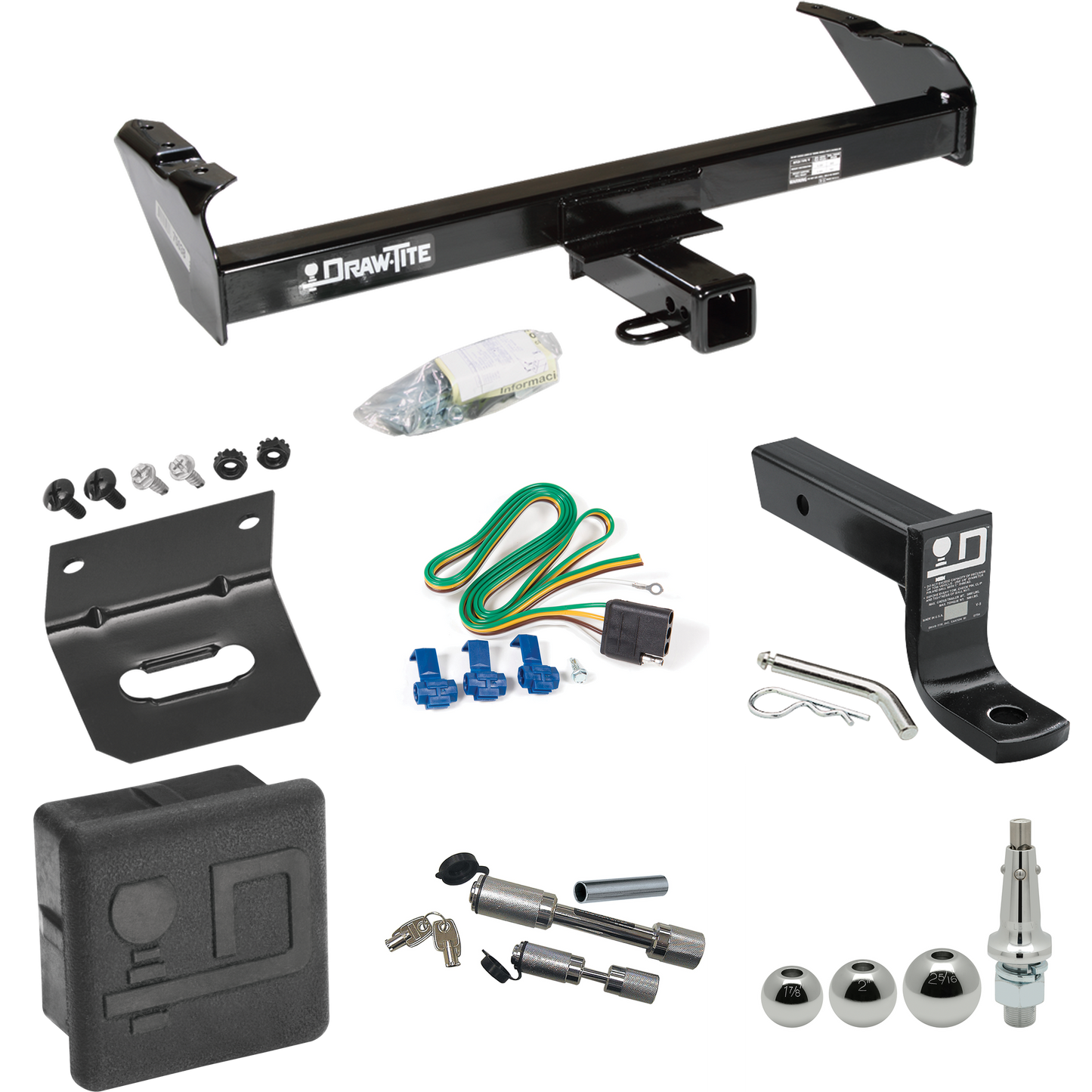 Fits 1975-1979 Ford F-350 Trailer Hitch Tow PKG w/ 4-Flat Wiring + Ball Mount w/ 4" Drop + Interchangeable Ball 1-7/8" & 2" & 2-5/16" + Wiring Bracket + Dual Hitch & Coupler Locks + Hitch Cover By Draw-Tite