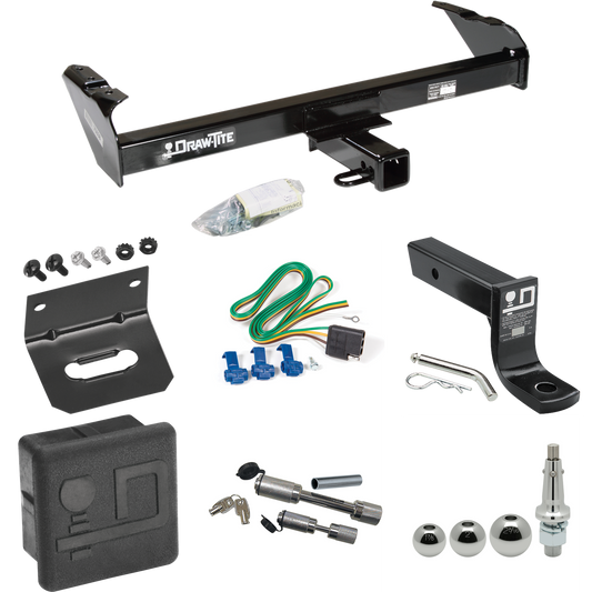 Fits 1968-1980 Dodge D200 Trailer Hitch Tow PKG w/ 4-Flat Wiring + Ball Mount w/ 4" Drop + Interchangeable Ball 1-7/8" & 2" & 2-5/16" + Wiring Bracket + Dual Hitch & Coupler Locks + Hitch Cover By Draw-Tite