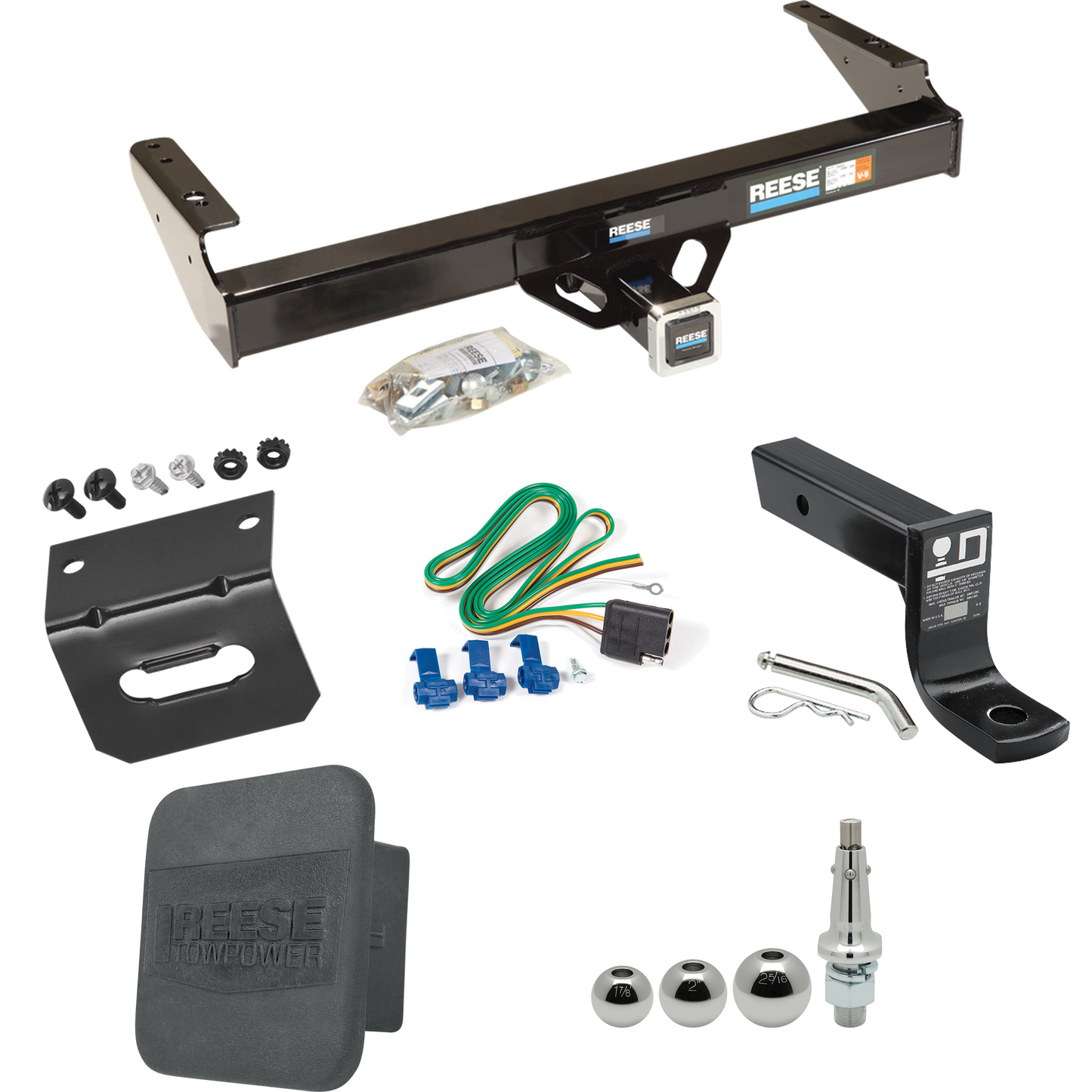 Fits 1980-1986 Ford F-350 Trailer Hitch Tow PKG w/ 4-Flat Wiring + Ball Mount w/ 4" Drop + Interchangeable Ball 1-7/8" & 2" & 2-5/16" + Wiring Bracket + Hitch Cover (Excludes: w/Custom Fascia Models) By Reese Towpower