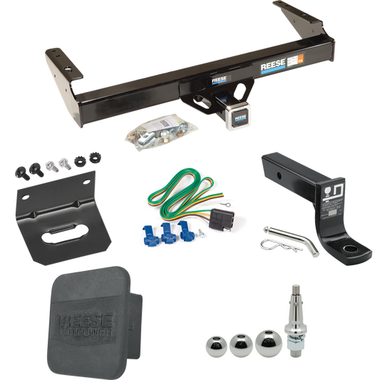 Fits 1980-1986 Ford F-350 Trailer Hitch Tow PKG w/ 4-Flat Wiring + Ball Mount w/ 4" Drop + Interchangeable Ball 1-7/8" & 2" & 2-5/16" + Wiring Bracket + Hitch Cover (Excludes: w/Custom Fascia Models) By Reese Towpower