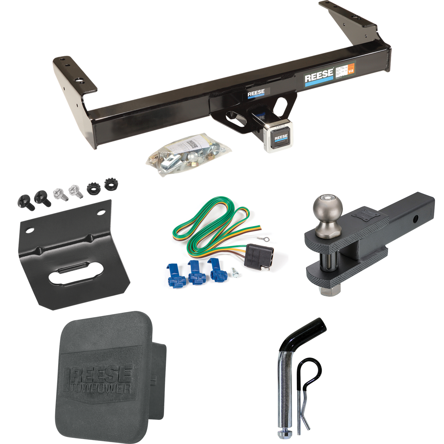 Fits 1981-1993 Dodge W250 Trailer Hitch Tow PKG w/ 4-Flat Wiring + Clevis Hitch Ball Mount w/ 2" Ball + Pin/Clip + Wiring Bracket + Hitch Cover By Reese Towpower