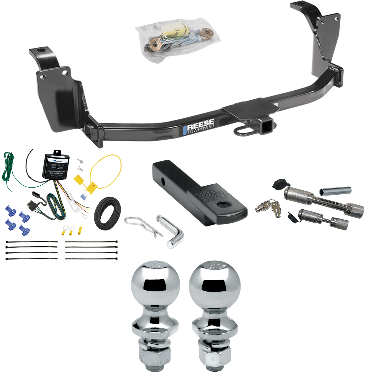 Fits 2013-2015 Honda Crosstour Trailer Hitch Tow PKG w/ 4-Flat Wiring Harness + Draw-Bar + 1-7/8" + 2" Ball + Dual Hitch & Coupler Locks By Reese Towpower