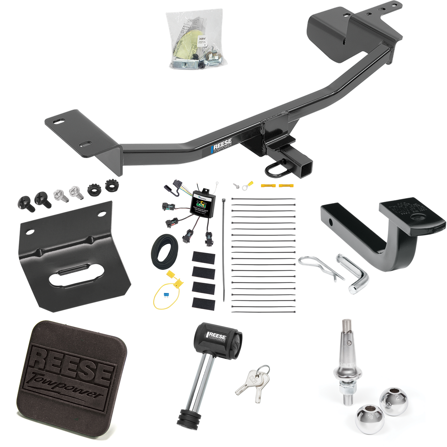 Fits 2010-2014 Volkswagen GTI Trailer Hitch Tow PKG w/ 4-Flat Zero Contact "No Splice" Wiring Harness + Draw-Bar + Interchangeable 1-7/8" & 2" Balls + Wiring Bracket + Hitch Cover + Hitch Lock (For Hatchback Models) By Reese Towpower