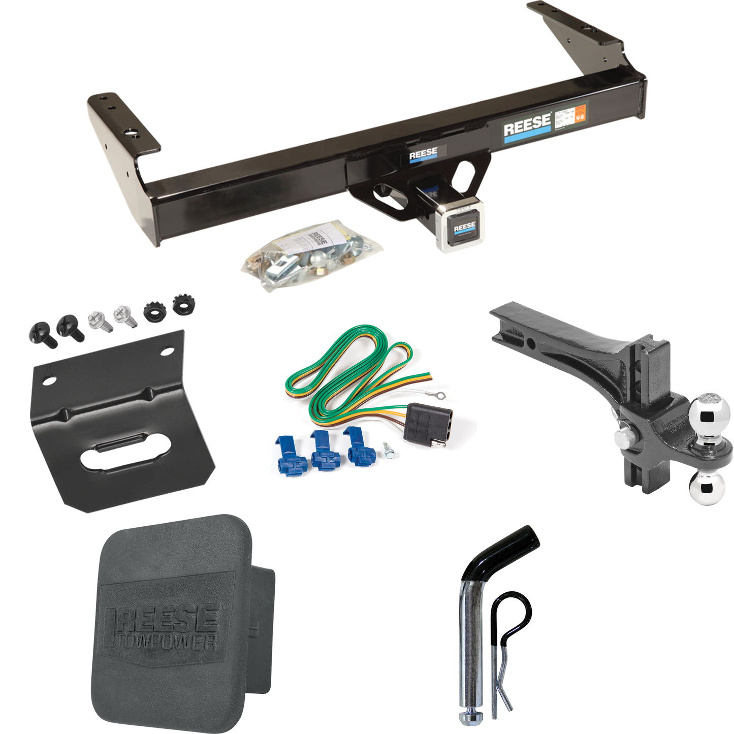 Fits 1986-1993 Dodge D150 Trailer Hitch Tow PKG w/ 4-Flat Wiring + Dual Adjustable Drop Rise Ball Ball Mount 2" & 2-5/16" Trailer Balls + Pin/Clip + Wiring Bracket + Hitch Cover By Reese Towpower