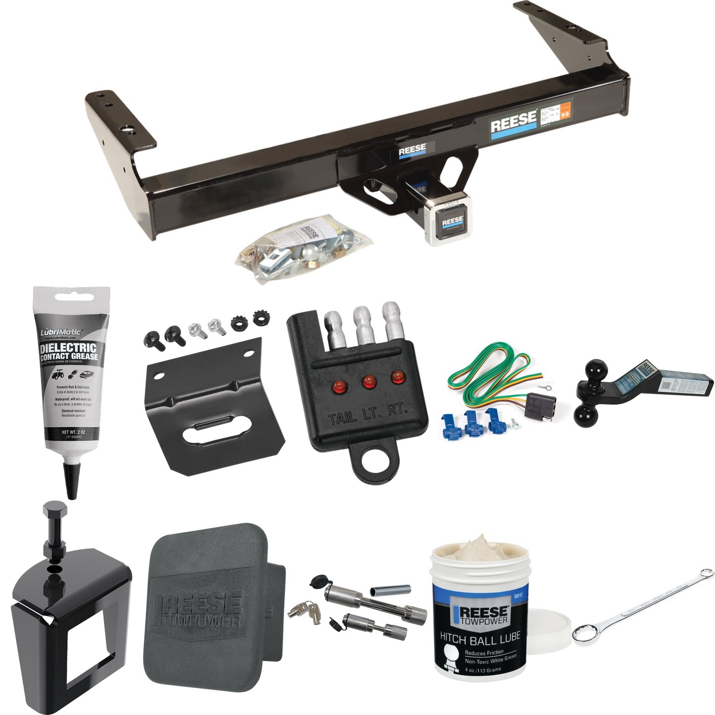 Fits 1980-1986 Ford F-150 Trailer Hitch Tow PKG w/ 4-Flat Wiring + Dual Ball Ball Mount 2" & 2-5/16" Trailer Balls + Wiring Bracket + Hitch Cover + Dual Hitch & Coupler Locks + Wiring Tester + Ball Lube + Electric Grease + Ball Wrench + Anti Rattle D