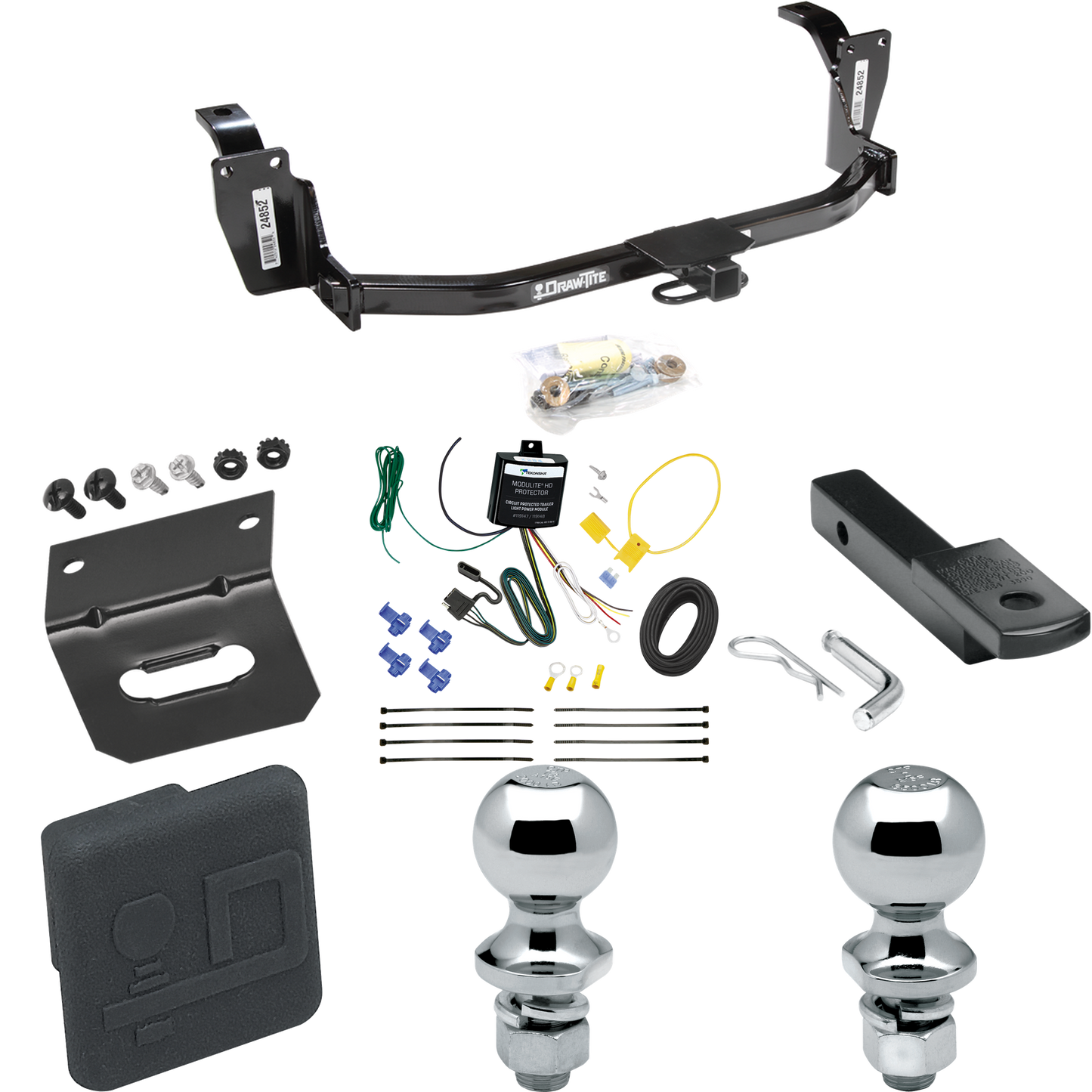 Fits 2013-2015 Honda Crosstour Trailer Hitch Tow PKG w/ 4-Flat Wiring Harness + Draw-Bar + 1-7/8" + 2" Ball + Wiring Bracket + Hitch Cover By Draw-Tite