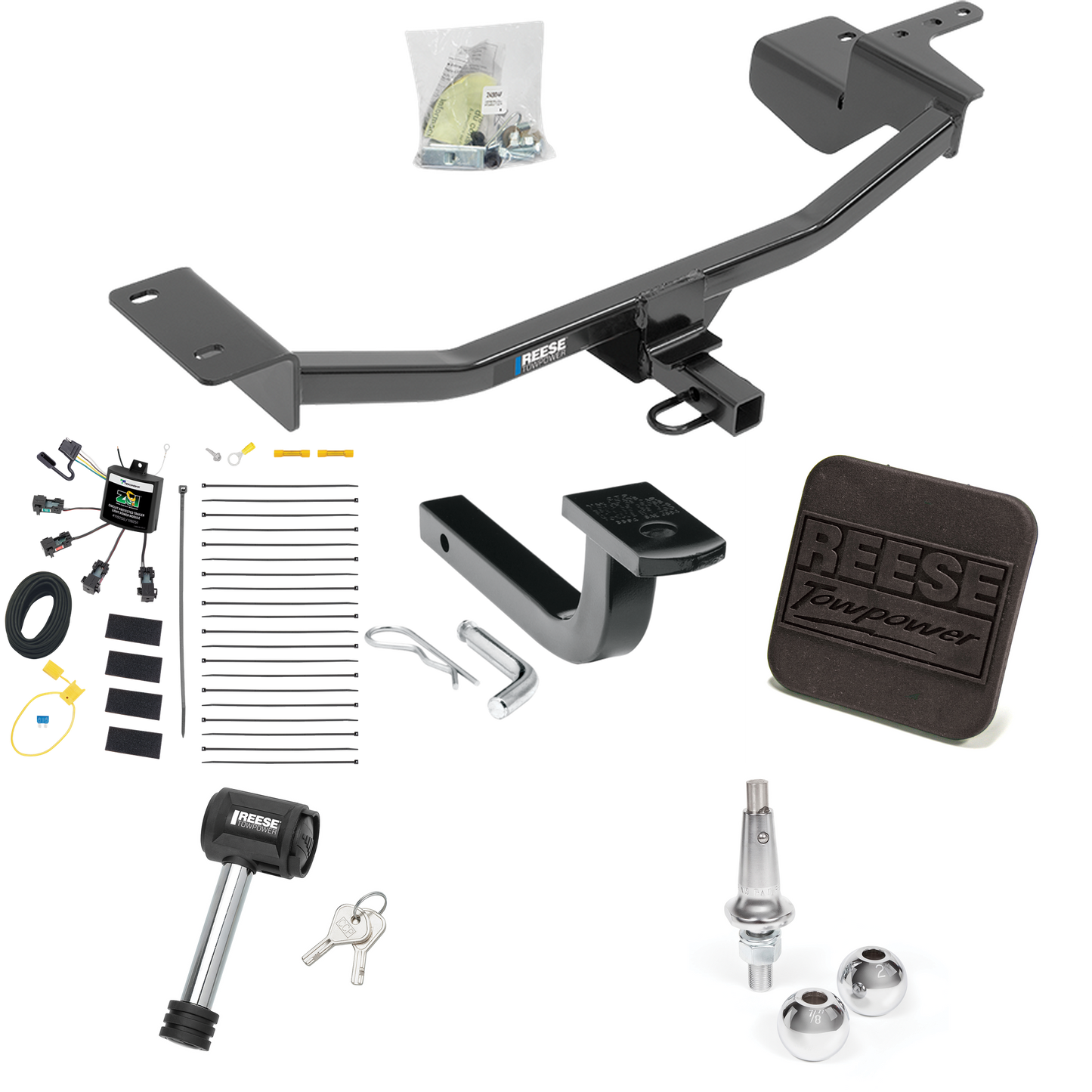 Fits 2010-2014 Volkswagen GTI Trailer Hitch Tow PKG w/ 4-Flat Zero Contact "No Splice" Wiring Harness + Draw-Bar + Interchangeable 1-7/8" & 2" Balls + Hitch Cover + Hitch Lock (For Hatchback Models) By Reese Towpower