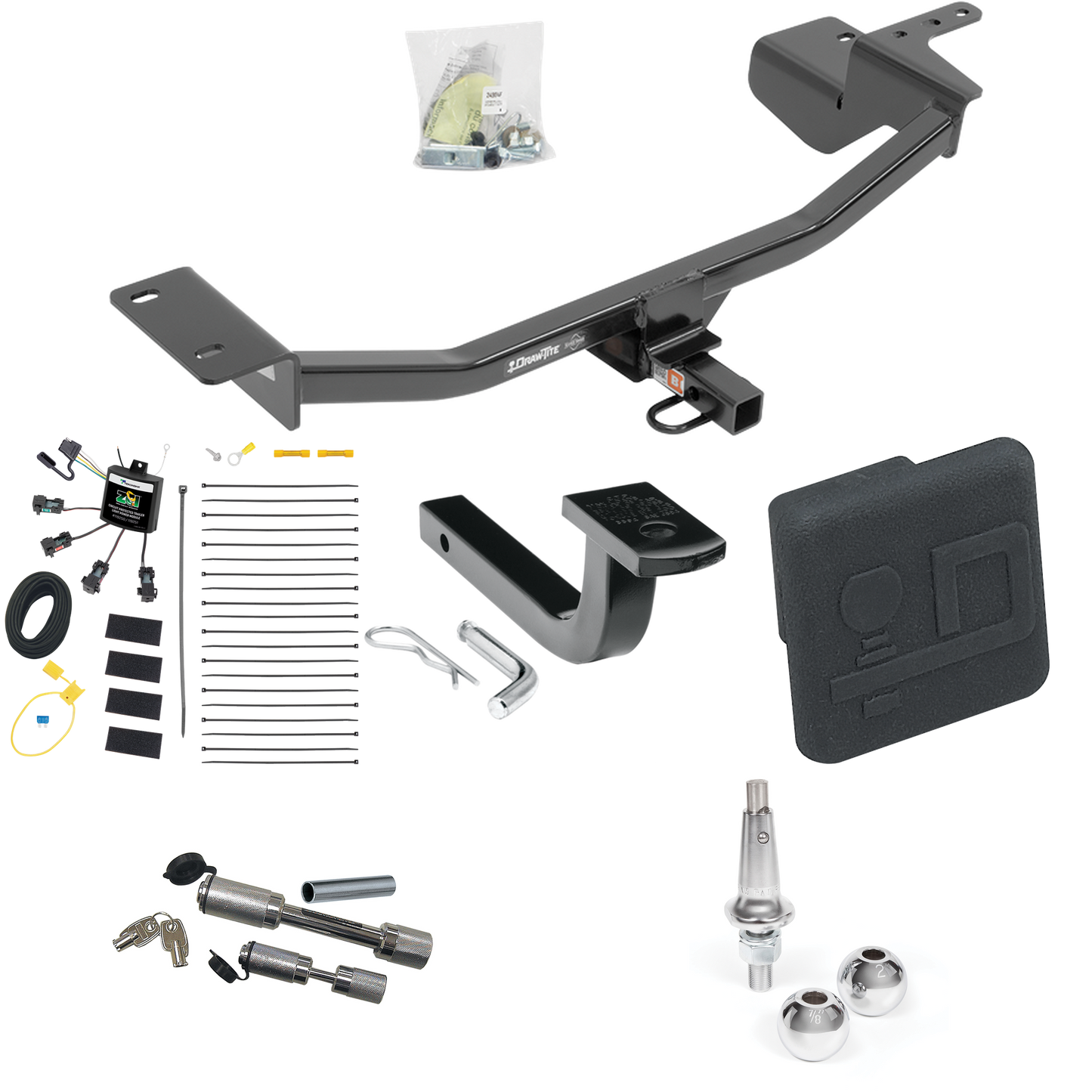 Fits 2010-2012 Volkswagen GTI Trailer Hitch Tow PKG w/ 4-Flat Zero Contact "No Splice" Wiring Harness + Draw-Bar + Interchangeable 1-7/8" & 2" Balls + Hitch Cover + Dual Hitch & Coupler Locks (For Hatchback, (Canada Only) Models) By Draw-Tite