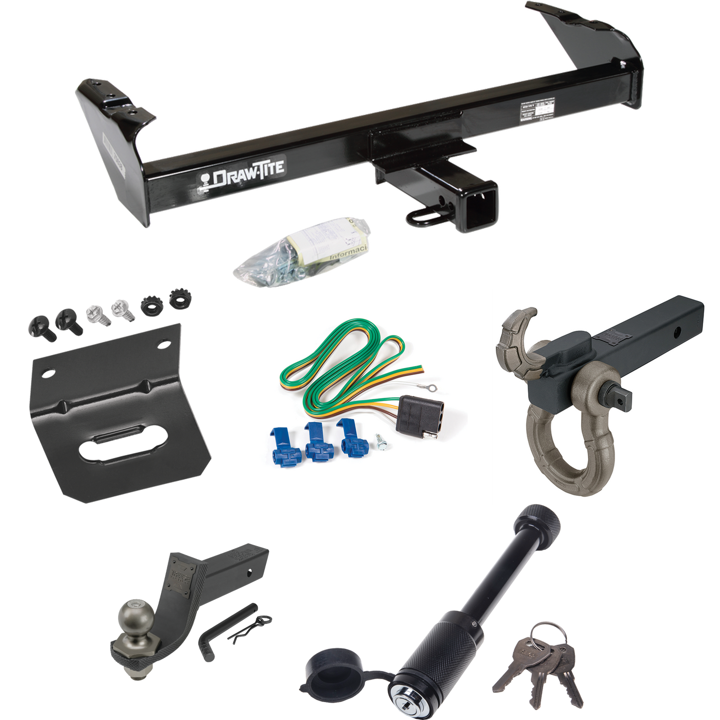 Fits 1968-1979 Dodge D100 Trailer Hitch Tow PKG w/ 4-Flat Wiring + Interlock Tactical Starter Kit w/ 3-1/4" Drop & 2" Ball + Tactical Hook & Shackle Mount + Tactical Dogbone Lock + Wiring Bracket By Draw-Tite