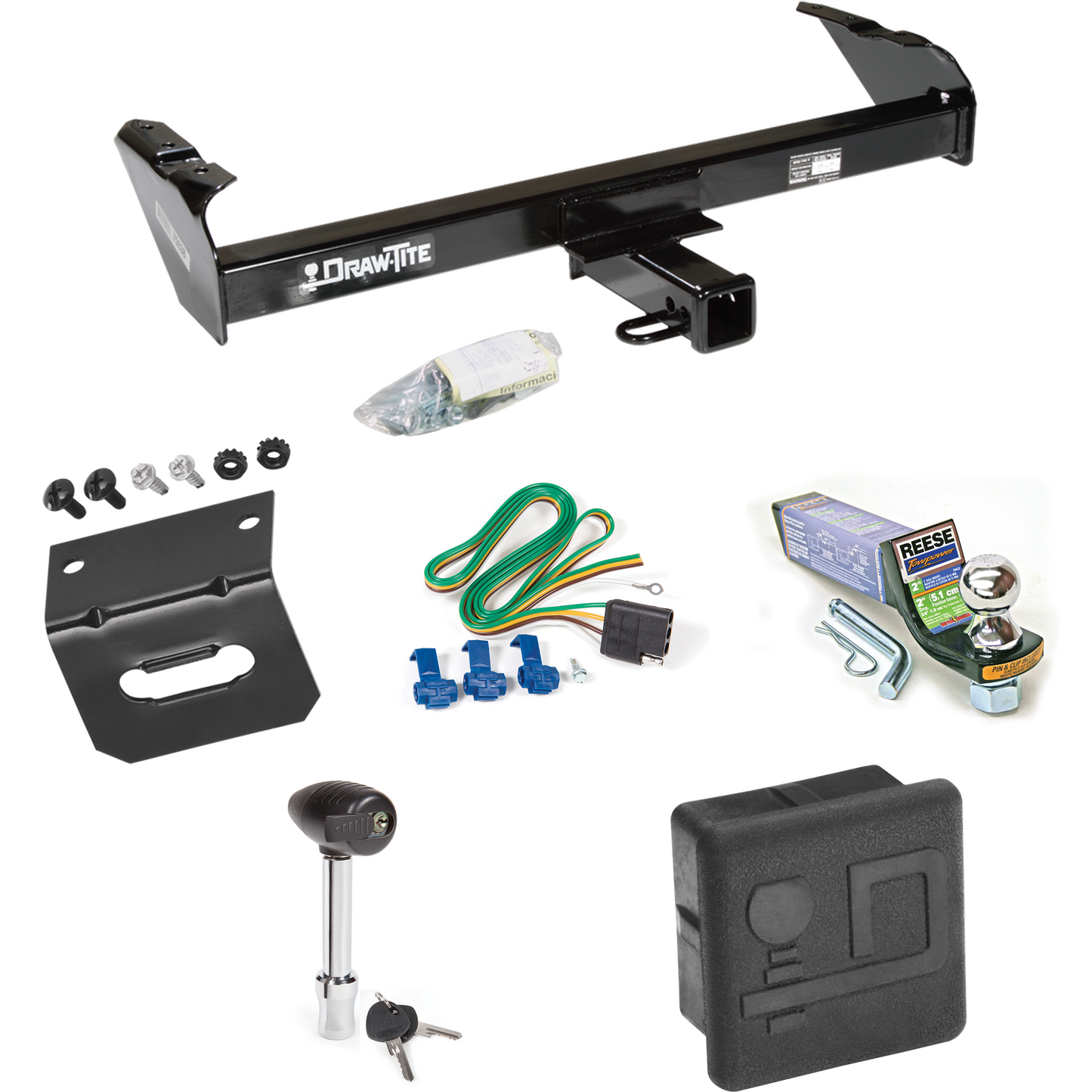 Fits 1981-1993 Dodge W250 Trailer Hitch Tow PKG w/ 4-Flat Wiring + Starter Kit Ball Mount w/ 2" Drop & 1-7/8" Ball + Wiring Bracket + Hitch Lock + Hitch Cover By Draw-Tite