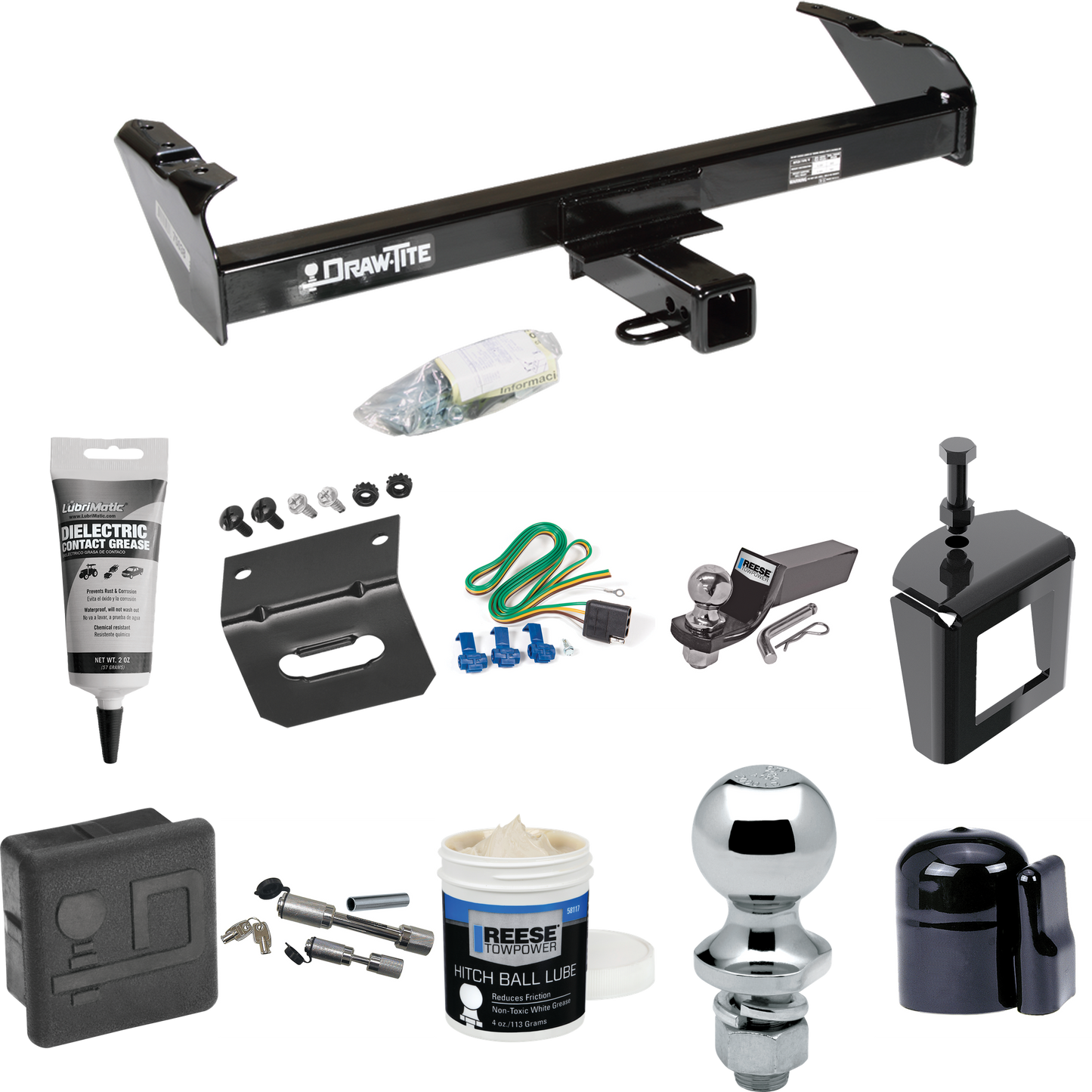 Fits 1975-1979 Ford F-250 Trailer Hitch Tow PKG w/ 4-Flat Wiring + Starter Kit Ball Mount w/ 2" Drop & 2" Ball + 1-7/8" Ball + Wiring Bracket + Dual Hitch & Coupler Locks + Hitch Cover + Wiring Tester + Ball Lube +Electric Grease + Ball Wrench + Anti