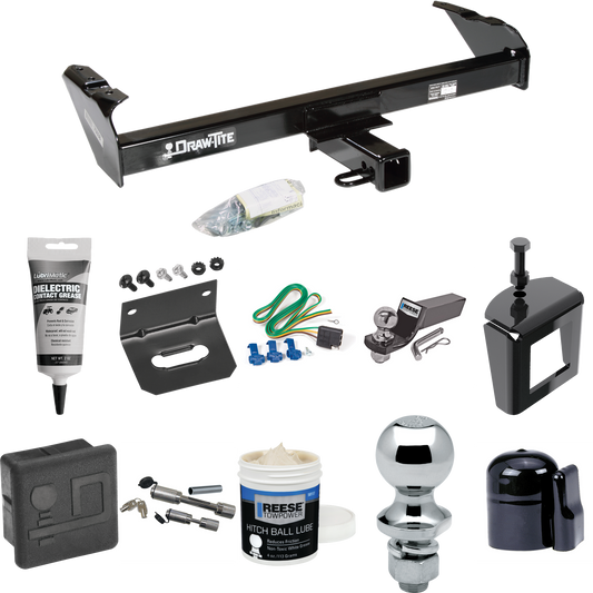 Fits 1975-1979 Ford F-250 Trailer Hitch Tow PKG w/ 4-Flat Wiring + Starter Kit Ball Mount w/ 2" Drop & 2" Ball + 1-7/8" Ball + Wiring Bracket + Dual Hitch & Coupler Locks + Hitch Cover + Wiring Tester + Ball Lube +Electric Grease + Ball Wrench + Anti