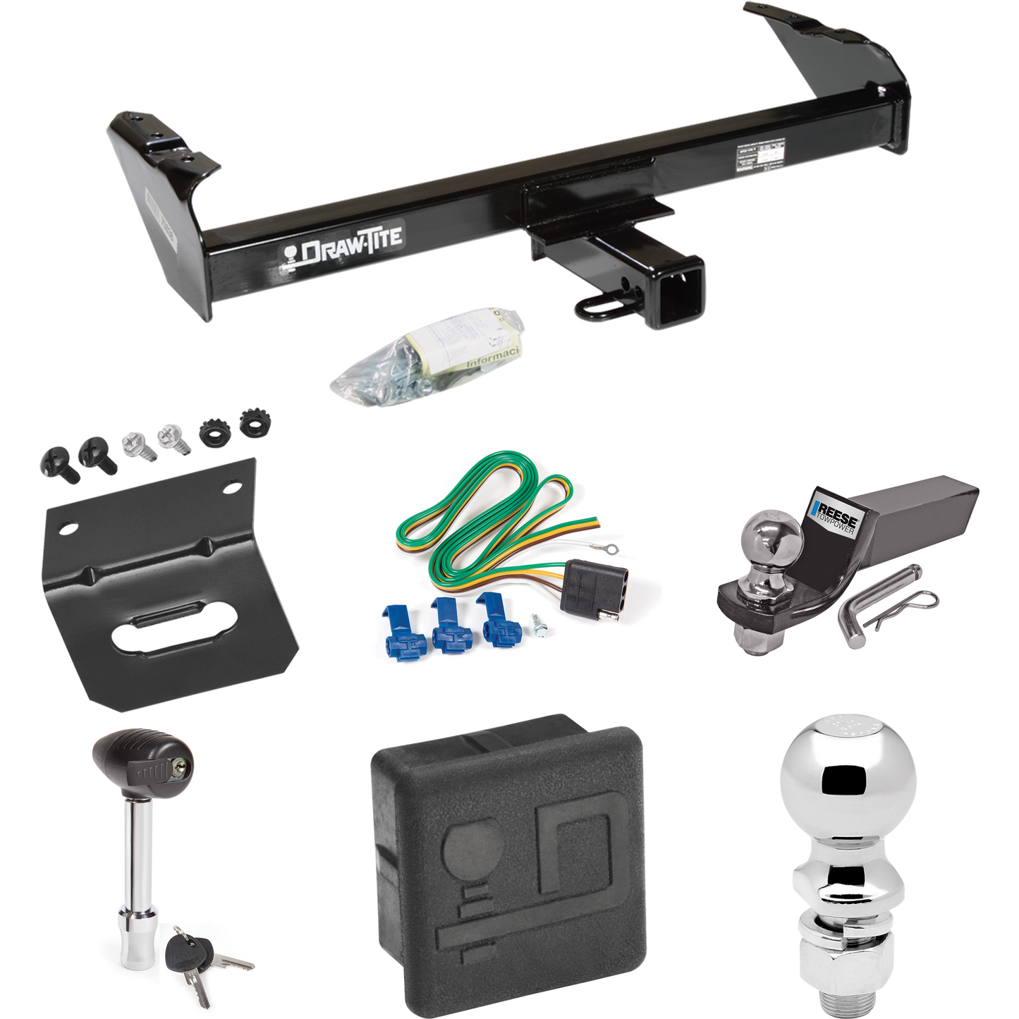 Fits 1967-1980 Dodge W300 Trailer Hitch Tow PKG w/ 4-Flat Wiring + Starter Kit Ball Mount w/ 2" Drop & 2" Ball + 2-5/16" Ball + Wiring Bracket + Hitch Lock + Hitch Cover By Draw-Tite