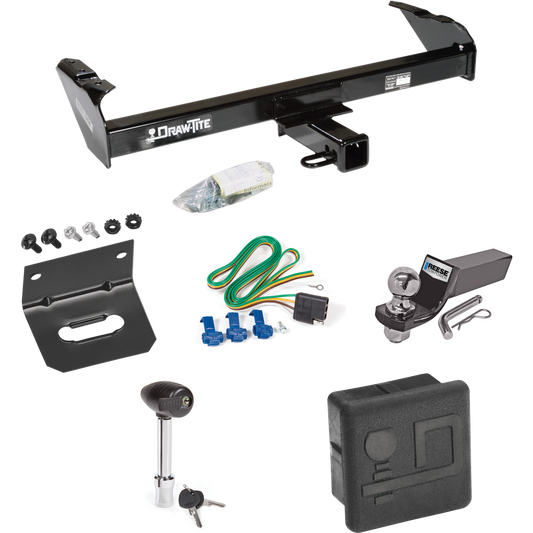 Fits 1977-1993 Dodge D150 Trailer Hitch Tow PKG w/ 4-Flat Wiring + Starter Kit Ball Mount w/ 2" Drop & 2" Ball + Wiring Bracket + Hitch Lock + Hitch Cover By Draw-Tite