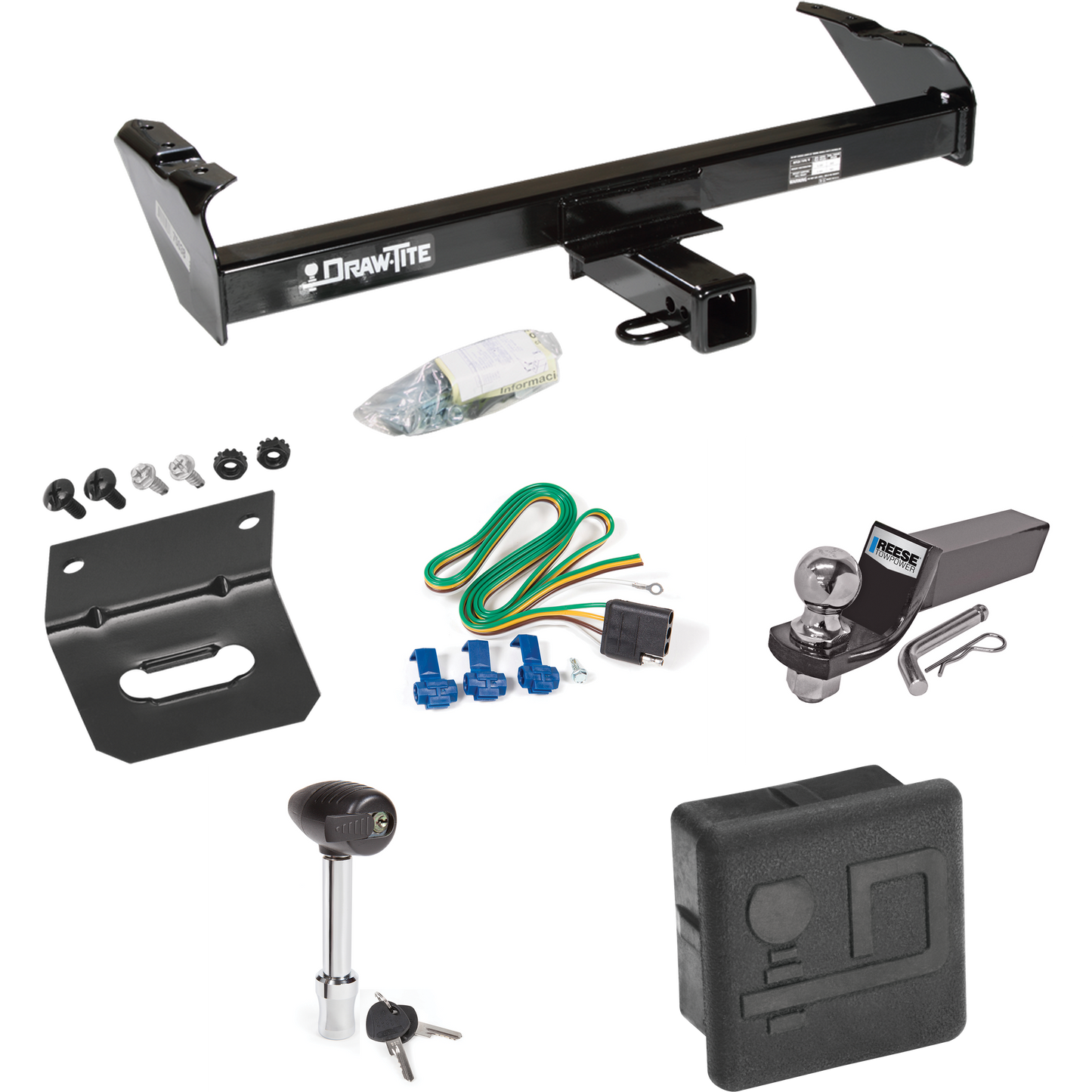 Fits 1975-1979 Ford F-100 Trailer Hitch Tow PKG w/ 4-Flat Wiring + Starter Kit Ball Mount w/ 2" Drop & 2" Ball + Wiring Bracket + Hitch Lock + Hitch Cover By Draw-Tite