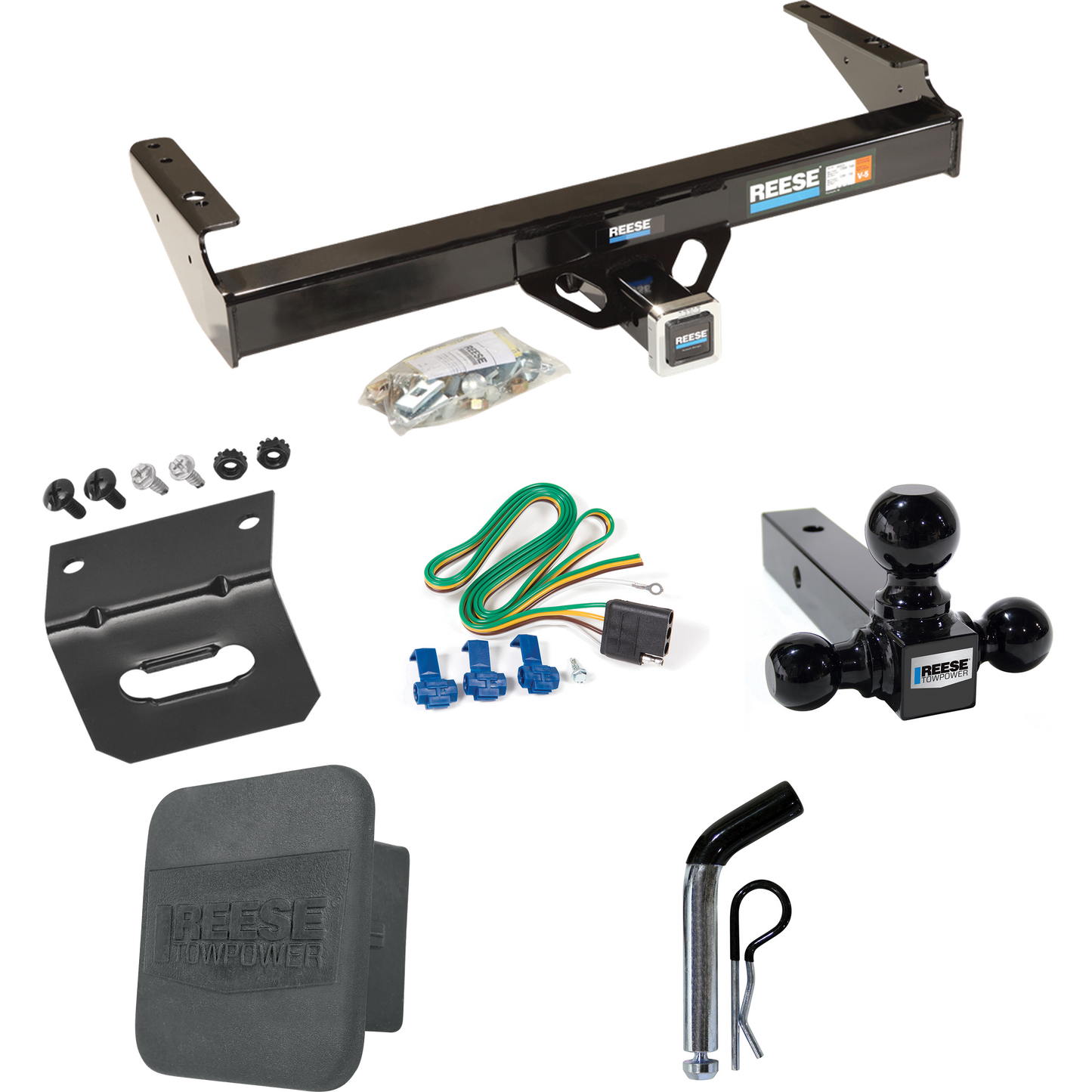 Fits 1986-1993 Dodge W350 Trailer Hitch Tow PKG w/ 4-Flat Wiring + Triple Ball Ball Mount 1-7/8" & 2" & 2-5/16" Trailer Balls + Pin/Clip + Wiring Bracket + Hitch Cover By Reese Towpower