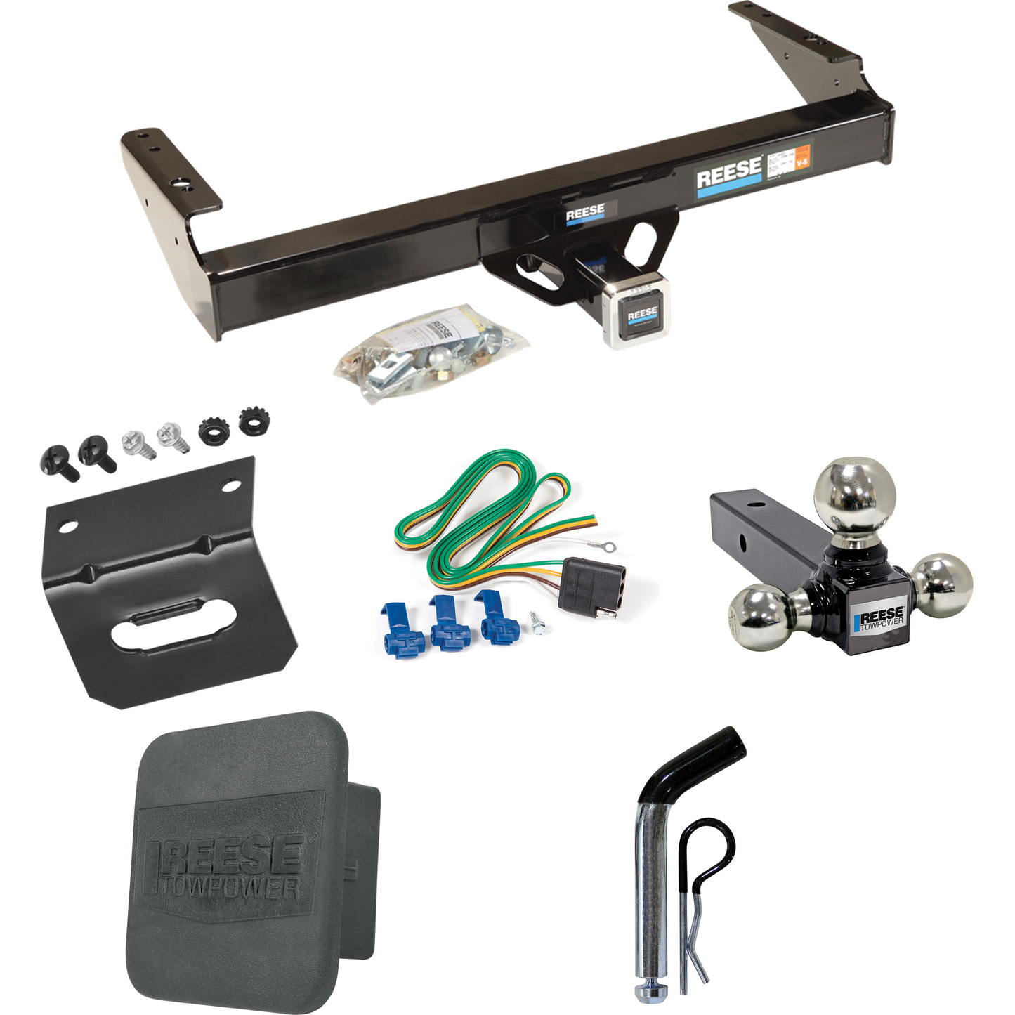 Fits 1975-1979 Ford F-100 Trailer Hitch Tow PKG w/ 4-Flat Wiring + Triple Ball Ball Mount 1-7/8" & 2" & 2-5/16" Trailer Balls + Pin/Clip + Wiring Bracket + Hitch Cover By Reese Towpower