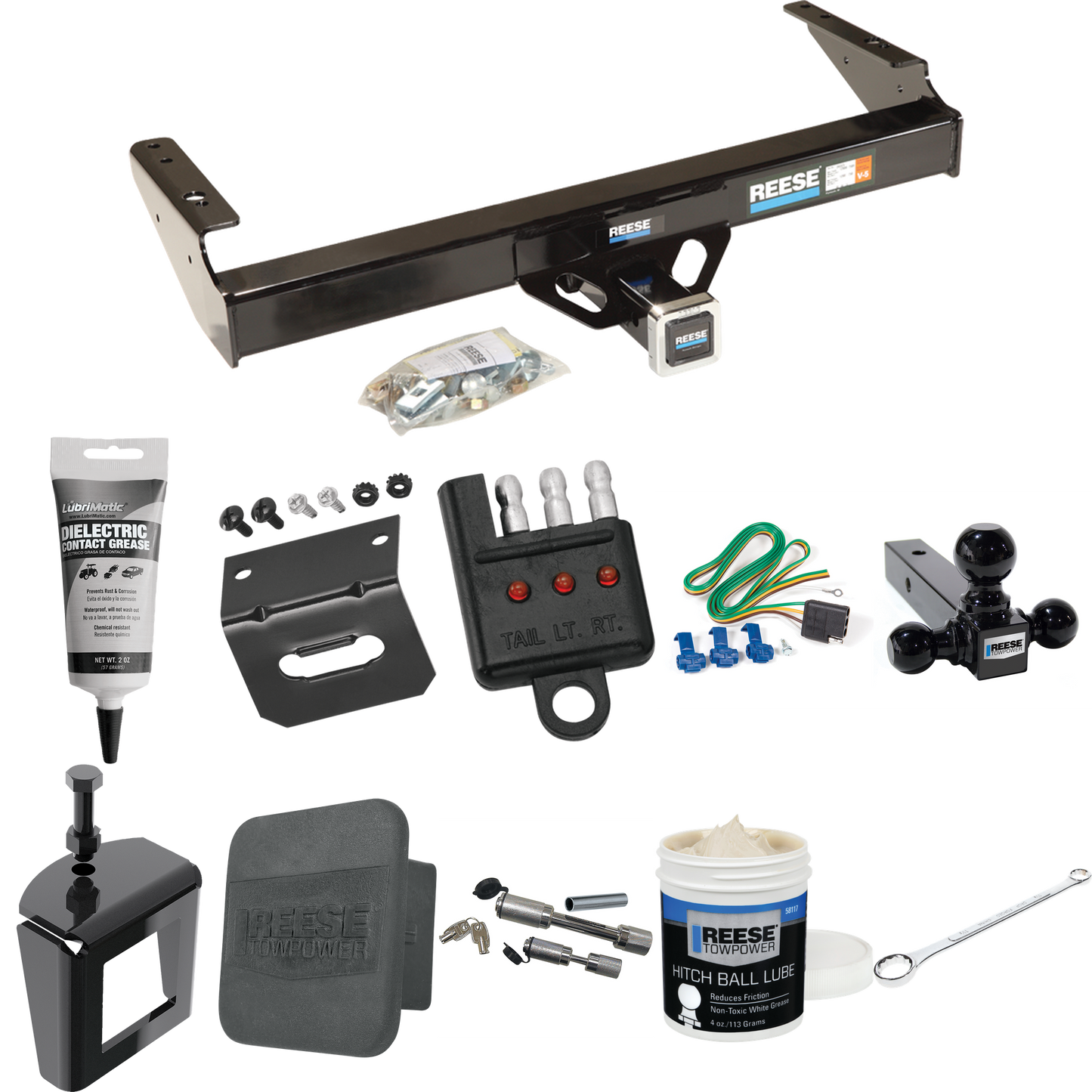 Fits 1971-1979 Dodge D100 Trailer Hitch Tow PKG w/ 4-Flat Wiring + Triple Ball Ball Mount 1-7/8" & 2" & 2-5/16" Trailer Balls + Wiring Bracket + Hitch Cover + Dual Hitch & Coupler Locks + Wiring Tester + Ball Lube + Electric Grease + Ball Wrench + An