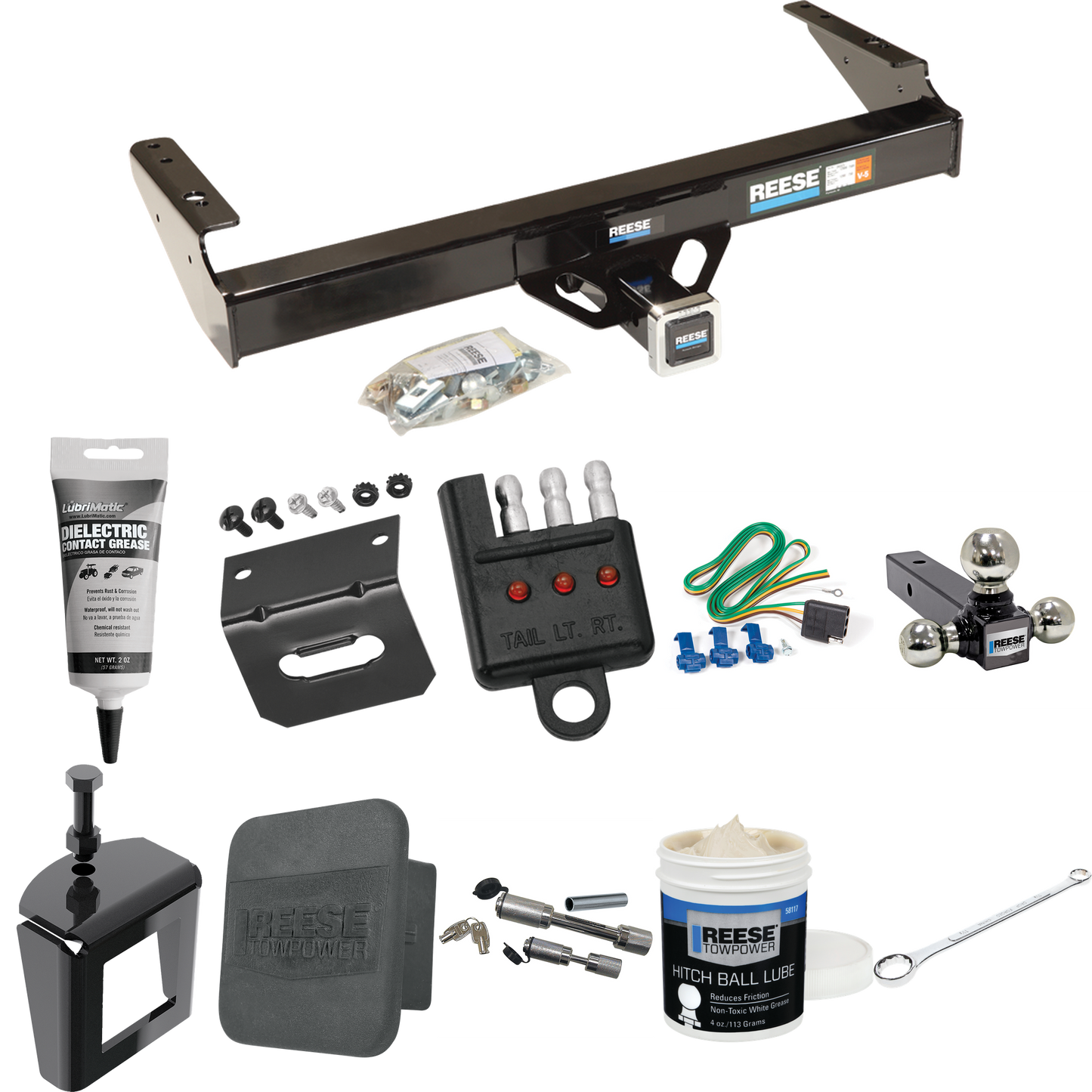 Fits 1971-1977 Dodge W100 Trailer Hitch Tow PKG w/ 4-Flat Wiring + Triple Ball Ball Mount 1-7/8" & 2" & 2-5/16" Trailer Balls + Wiring Bracket + Hitch Cover + Dual Hitch & Coupler Locks + Wiring Tester + Ball Lube + Electric Grease + Ball Wrench + An