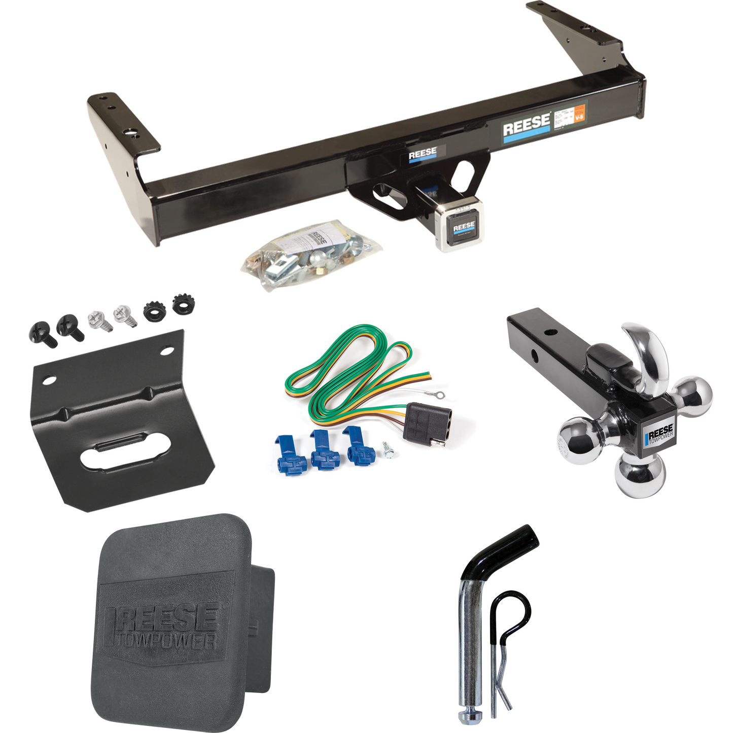 Fits 1971-1980 Dodge D300 Trailer Hitch Tow PKG w/ 4-Flat Wiring + Triple Ball Ball Mount 1-7/8" & 2" & 2-5/16" Trailer Balls w/ Tow Hook + Pin/Clip + Wiring Bracket + Hitch Cover By Reese Towpower