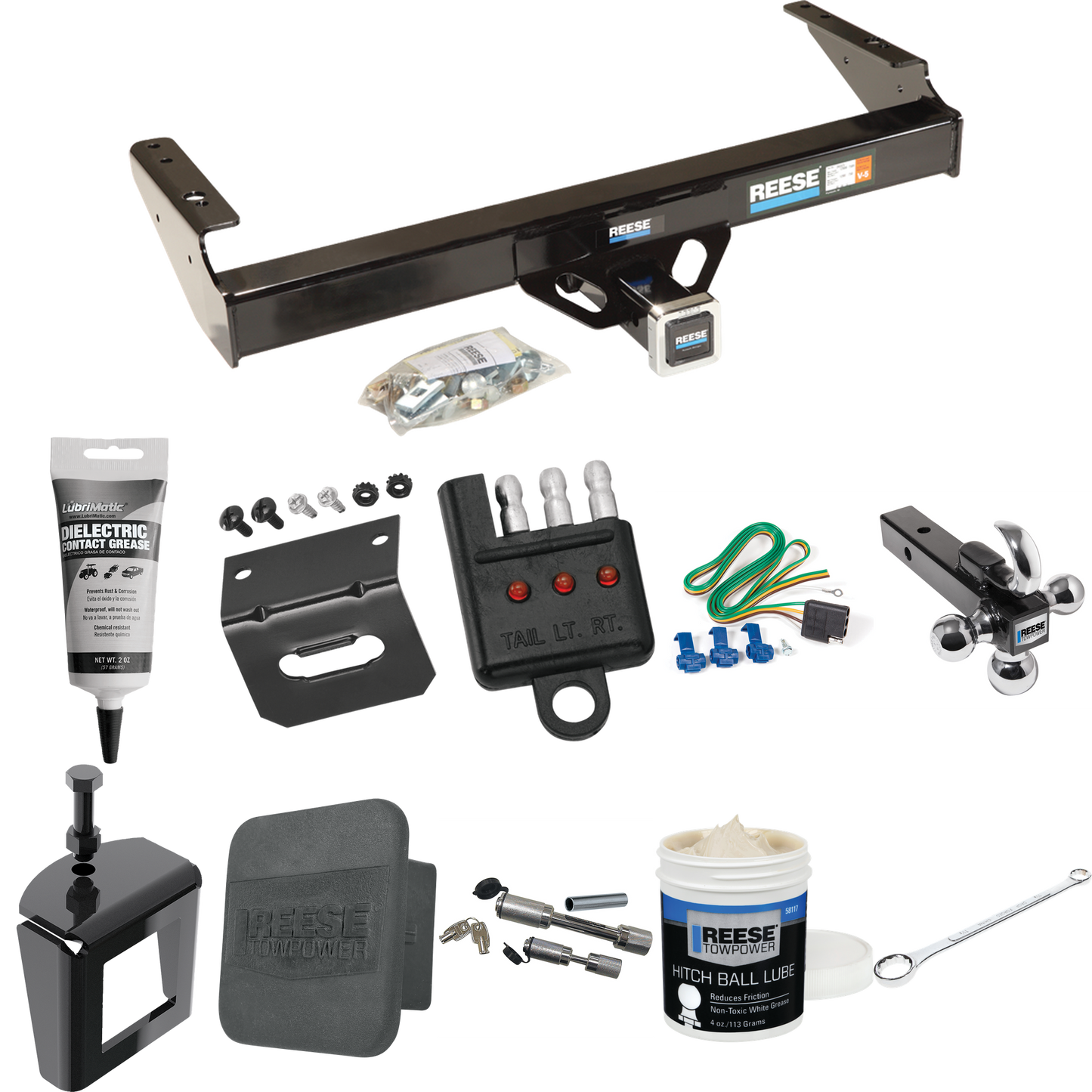 Fits 1981-1993 Dodge W250 Trailer Hitch Tow PKG w/ 4-Flat Wiring + Triple Ball Ball Mount 1-7/8" & 2" & 2-5/16" Trailer Balls w/ Tow Hook + Wiring Bracket + Hitch Cover + Dual Hitch & Coupler Locks + Wiring Tester + Ball Lube + Electric Grease + Ball