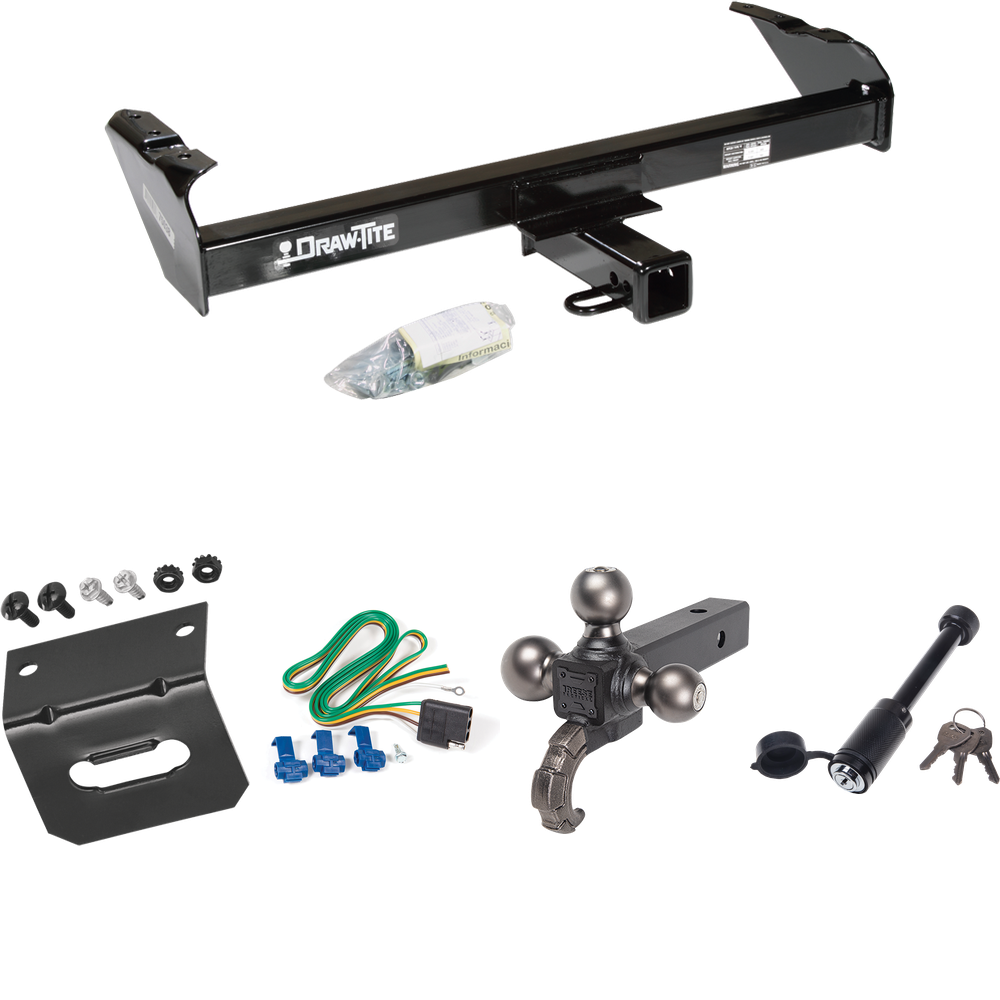 Fits 1967-1977 Dodge W100 Trailer Hitch Tow PKG w/ 4-Flat Wiring + Triple Ball Tactical Ball Mount 1-7/8" & 2" & 2-5/16" Balls w/ Tow Hook + Tactical Dogbone Lock + Wiring Bracket By Draw-Tite