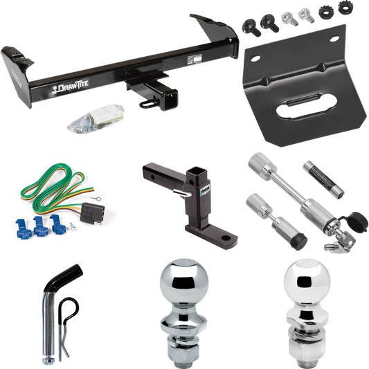 Fits 1986-1989 Dodge W100 Trailer Hitch Tow PKG w/ 4-Flat Wiring Harness + Adjustable Drop Rise Ball Mount + Pin/Clip + 2" Ball + 1-7/8" Ball + Dual Hitch & Coupler Locks By Draw-Tite