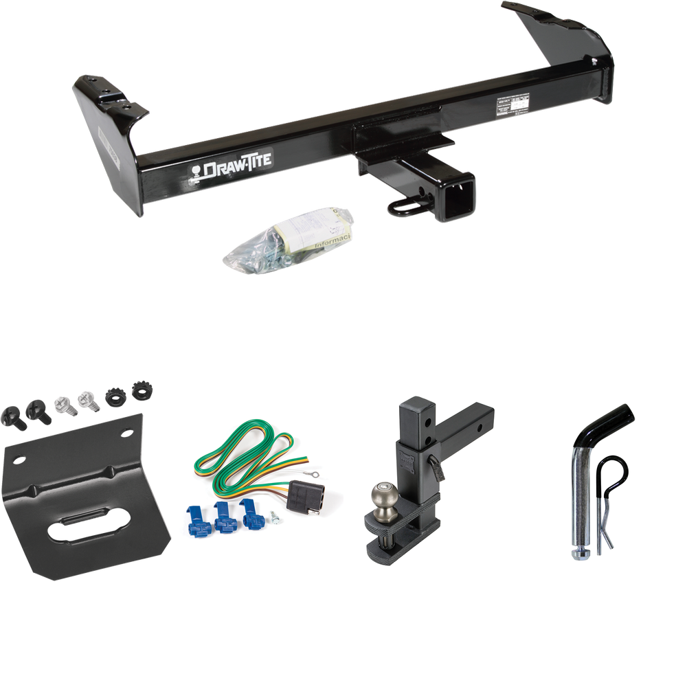 Fits 1981-1993 Dodge D250 Trailer Hitch Tow PKG w/ 4-Flat Wiring Harness + Adjustable Drop Rise Clevis Hitch Ball Mount w/ 2" Ball + Pin/Clip + Wiring Bracket By Draw-Tite