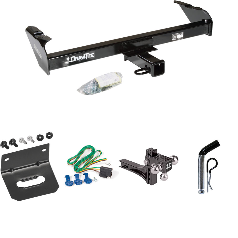 Fits 1981-1993 Dodge W250 Trailer Hitch Tow PKG w/ 4-Flat Wiring Harness + Adjustable Drop Rise Triple Ball Ball Mount 1-7/8" & 2" & 2-5/16" Trailer Balls + Pin/Clip + Wiring Bracket By Draw-Tite