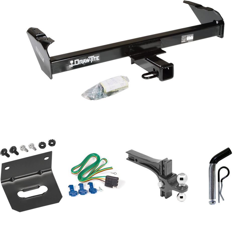 Fits 1967-1989 Dodge W100 Trailer Hitch Tow PKG w/ 4-Flat Wiring Harness + Dual Adjustable Drop Rise Ball Ball Mount 2" & 2-5/16" Trailer Balls + Pin/Clip + Wiring Bracket By Draw-Tite