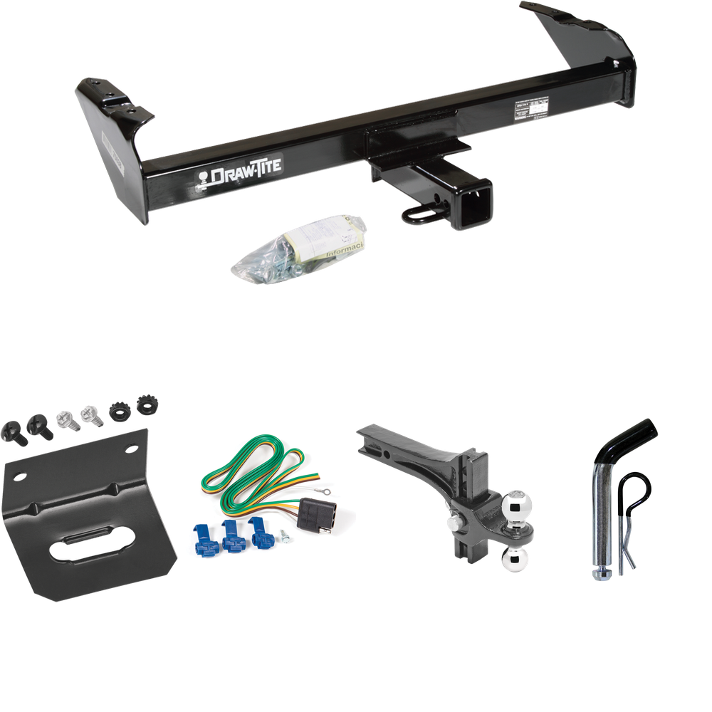 Fits 1980-1986 Ford F-150 Trailer Hitch Tow PKG w/ 4-Flat Wiring Harness + Dual Adjustable Drop Rise Ball Ball Mount 2" & 2-5/16" Trailer Balls + Pin/Clip + Wiring Bracket (Excludes: w/Custom Fascia Models) By Draw-Tite