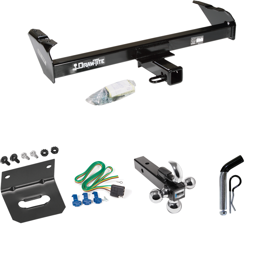 Fits 1980-1986 Ford F-150 Trailer Hitch Tow PKG w/ 4-Flat Wiring Harness + Triple Ball Ball Mount 1-7/8" & 2" & 2-5/16" Trailer Balls w/ Tow Hook + Pin/Clip + Wiring Bracket (Excludes: w/Custom Fascia Models) By Draw-Tite